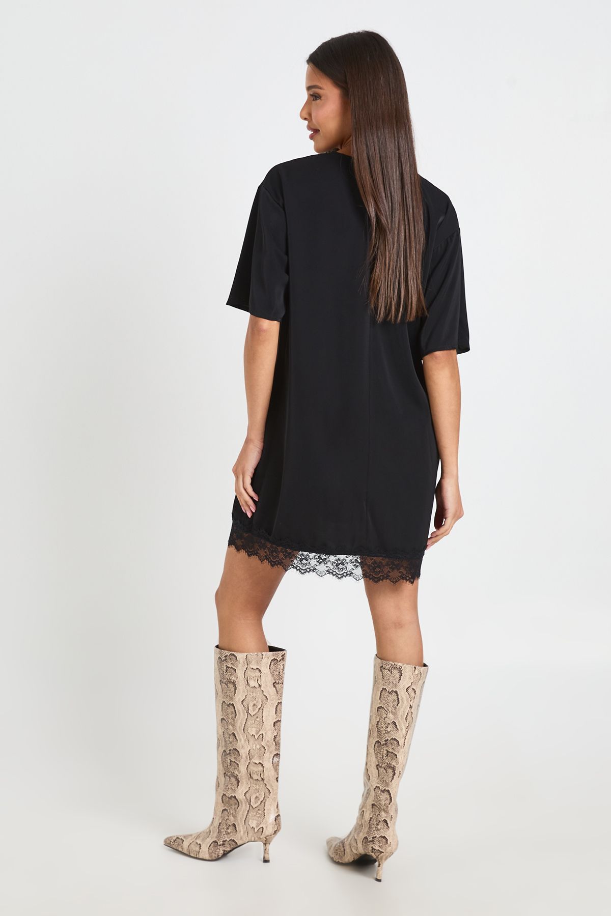 Boohoo Womens Lace Hem Oversized Woven T-Shirt Dress - Black