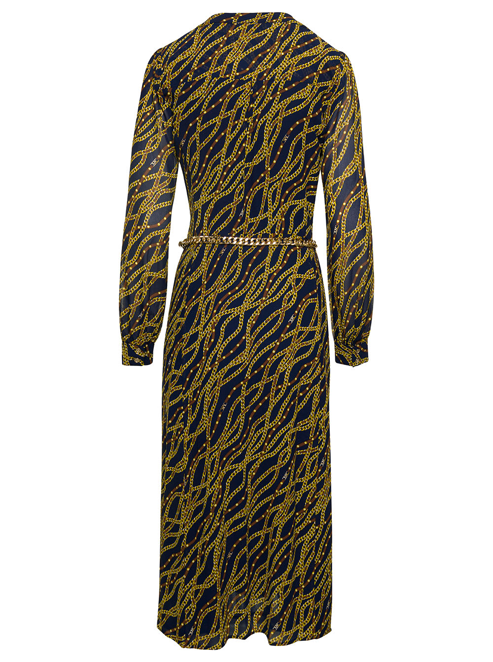 Black And Gold-tone Midi Shirt Dess With Chain Print All-over In Polyester Woman