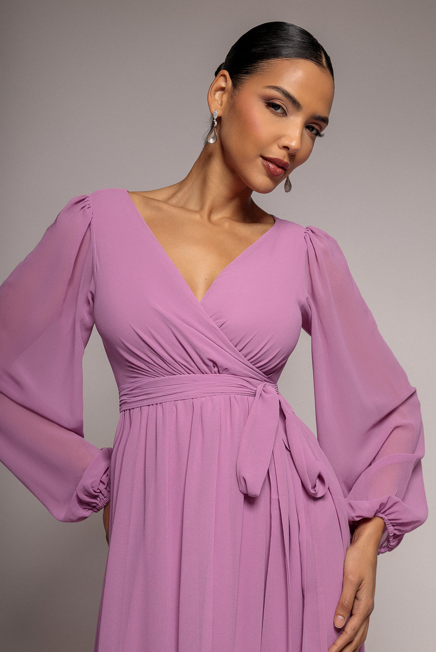 Goddiva Wrap Back With Front Slit Chiffon Maxi Dress - Dusty Lavender