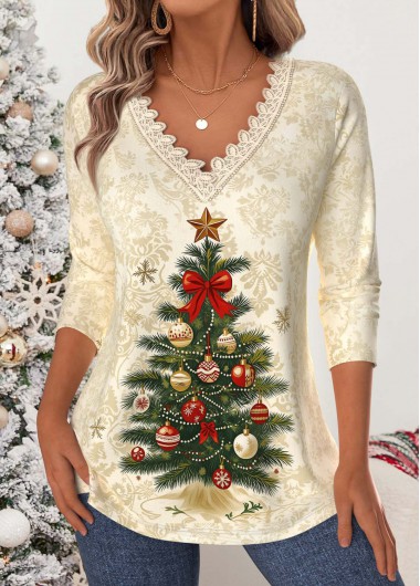Modlily Christmas Beige Tummy Coverage Long Sleeve T Shirt