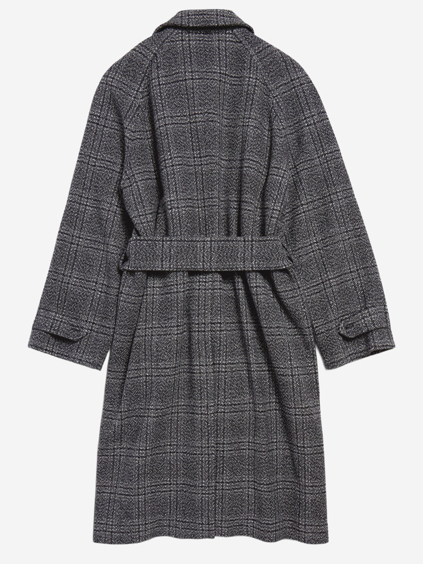 Grey Coat With Wide Notched Revers And All-over Check Motif In Wool Woman