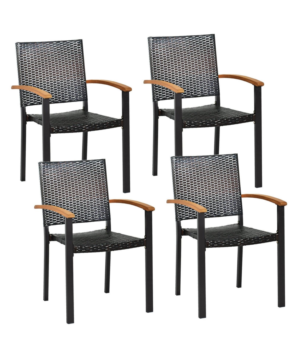 Set of 4 Outdoor Patio Pe Rattan Dining Chairs with Powder-coated Steel Frame - Black