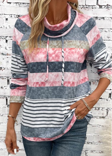 Modlily Multi Color Drawstring Striped Long Sleeve Cowl Neck Sweatshirt