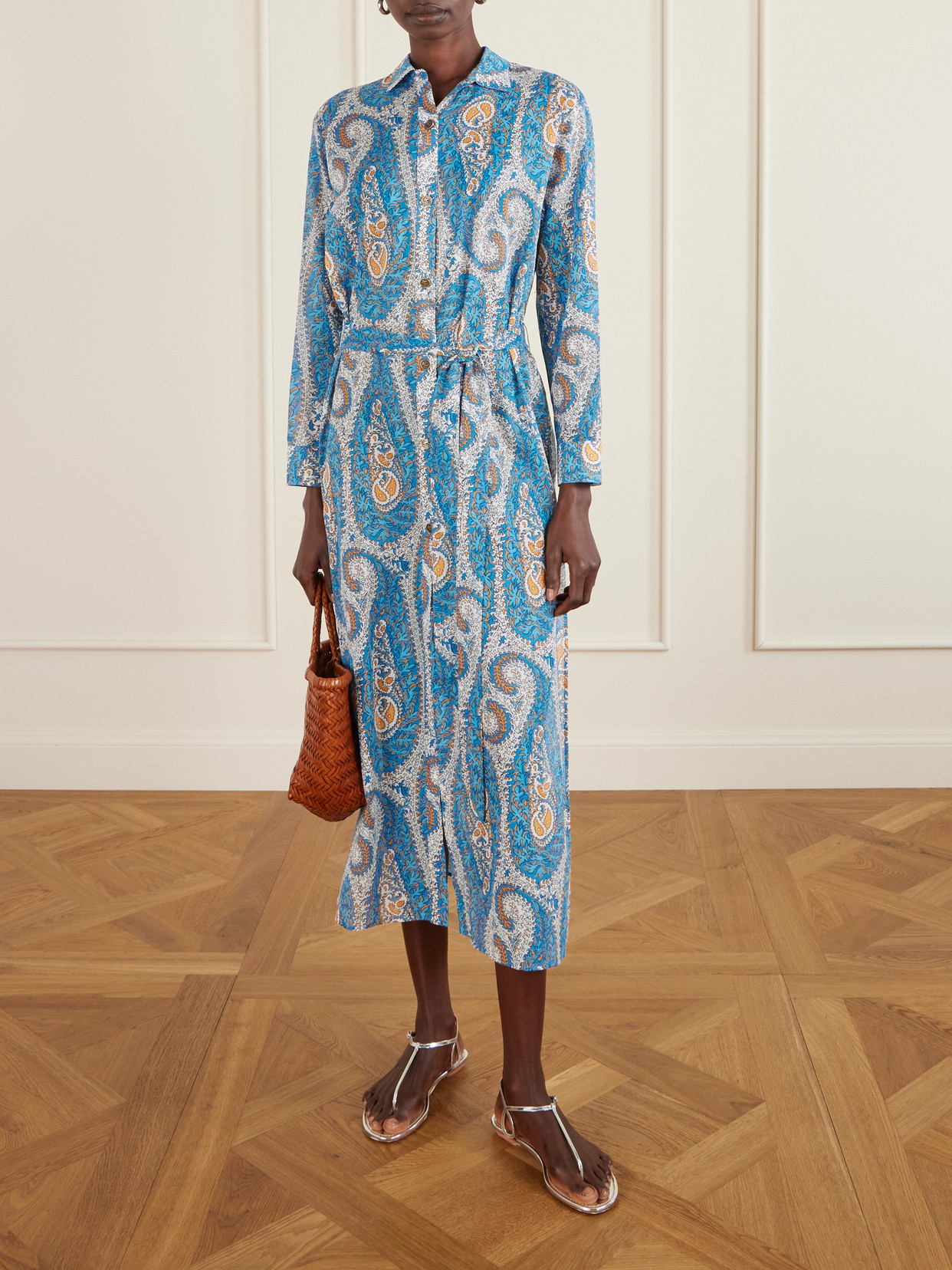 Belted Paisley-print Cotton-voile Midi Shirt Dress - Blue