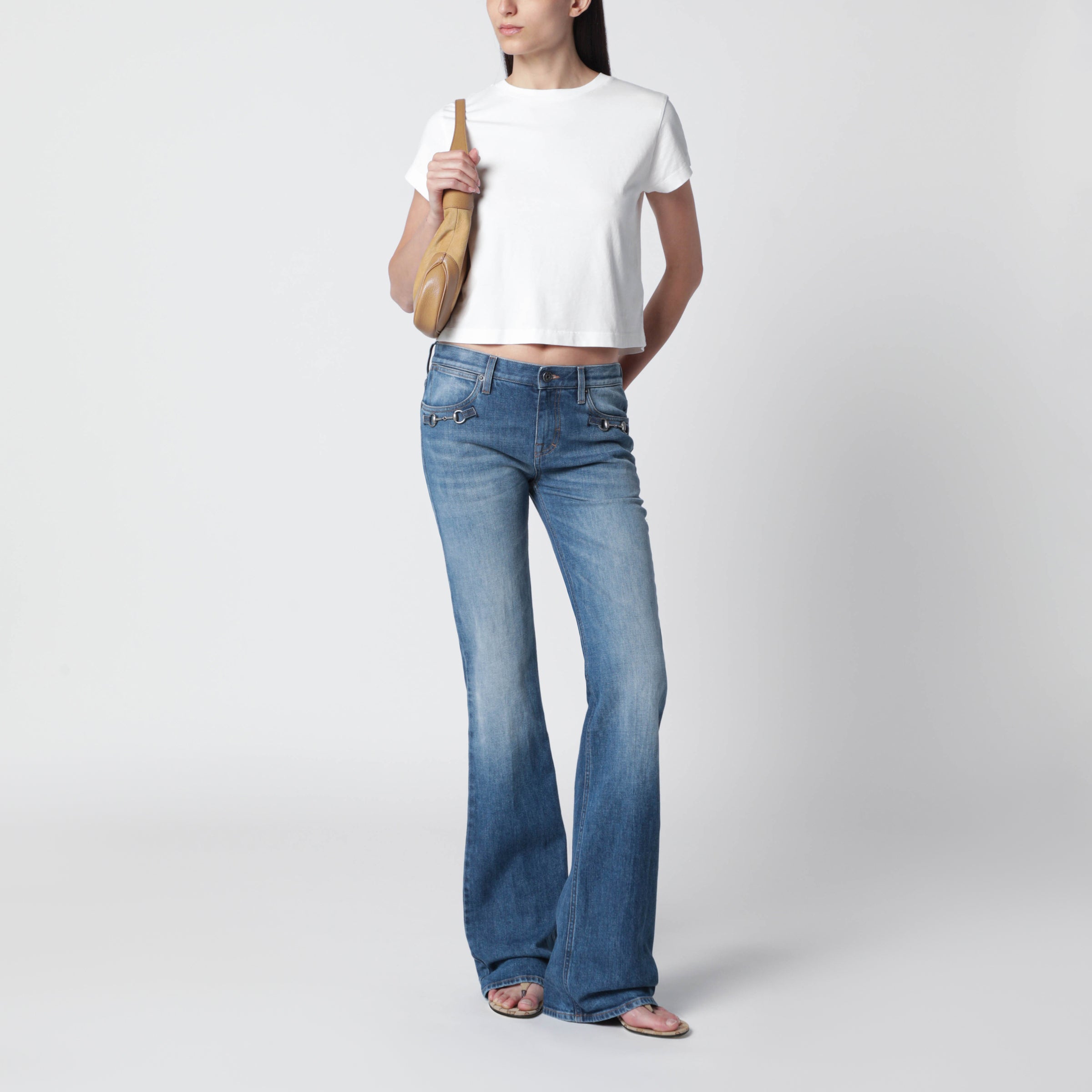 Low-rise flare jeans with Horsebit in blue denim