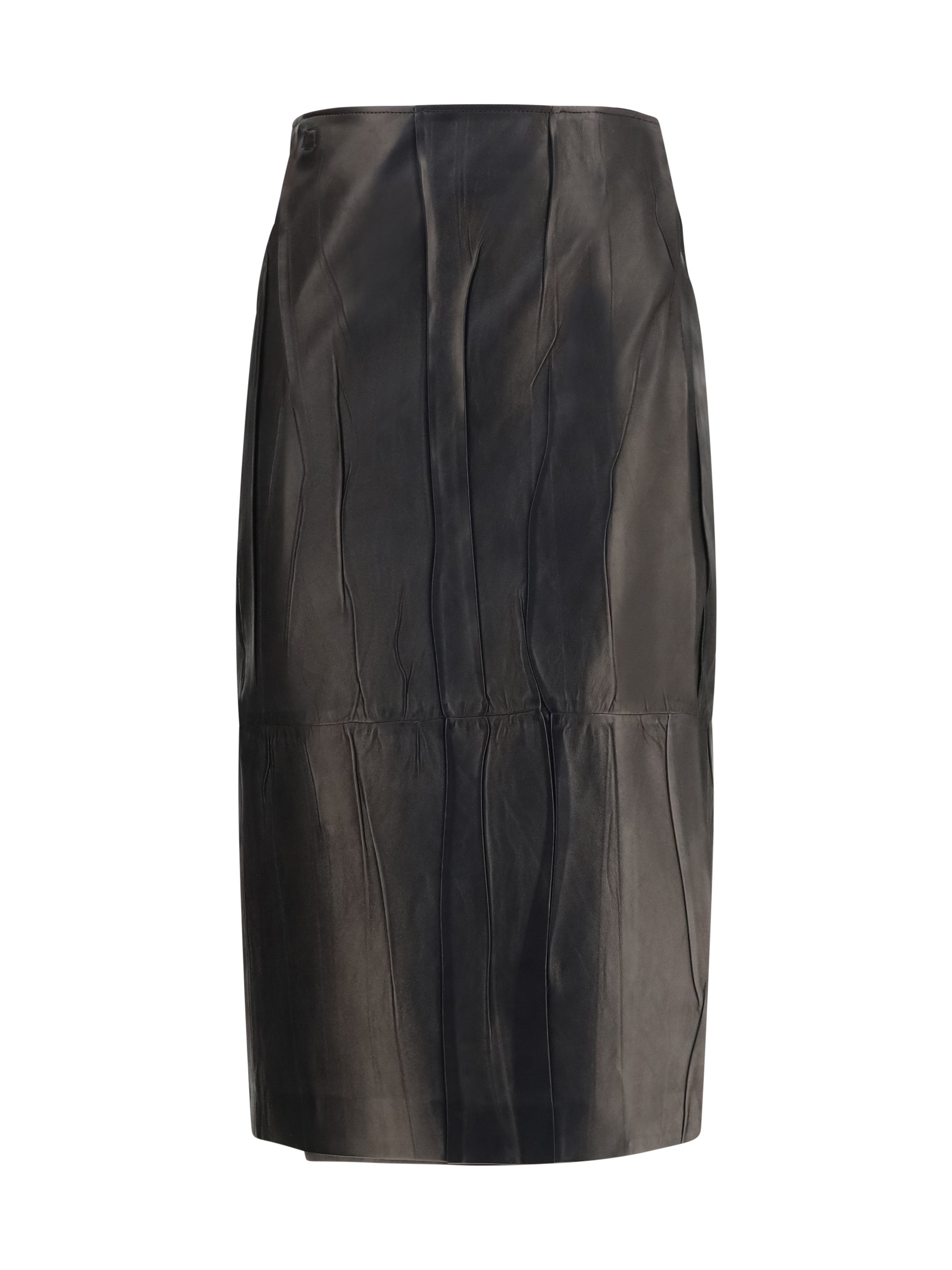 Crinkled Leather Midi Skirt — Black