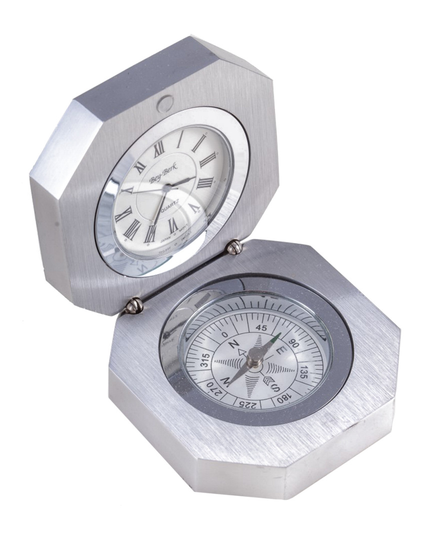 Compass & Clock in Stainless Steel Hinged Case