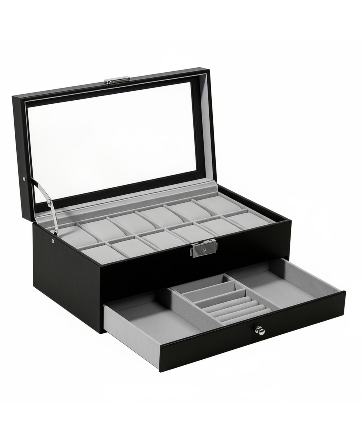12 Slot Watch Box Display Organizer Leather Automatic Led Light Battery Operated Gift - Black+grey