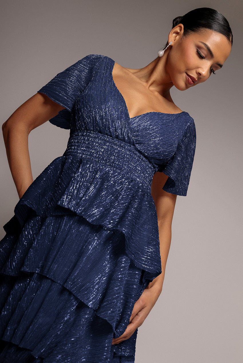 Goddiva Crinkle Lurex High Low Layered Midi Dress - Navy