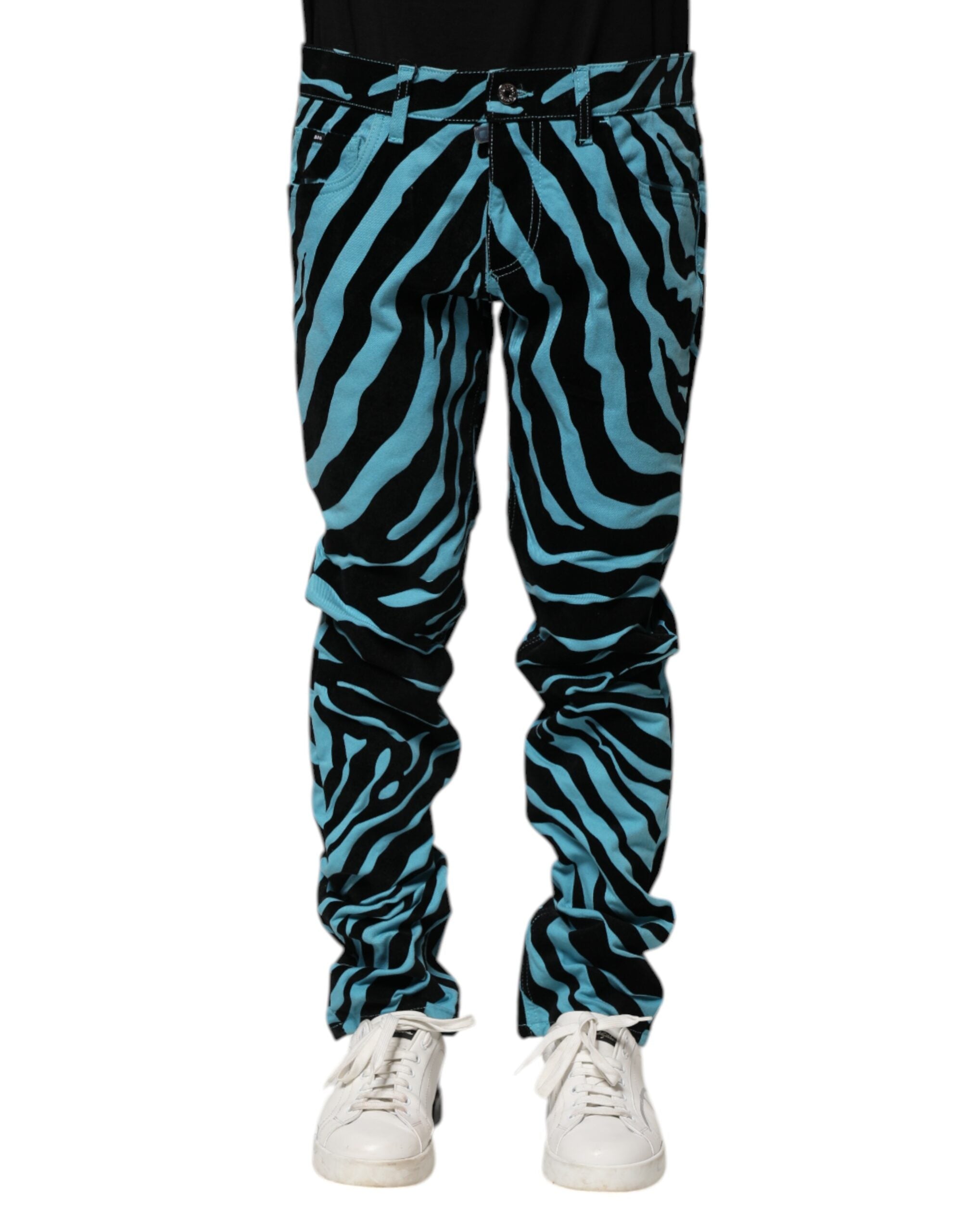 Zebra-Striped Denim Jeans — Blue