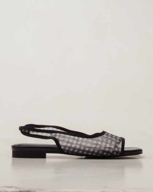 Graph Square Toe Check Mesh Banding Slingback Flat Sandals