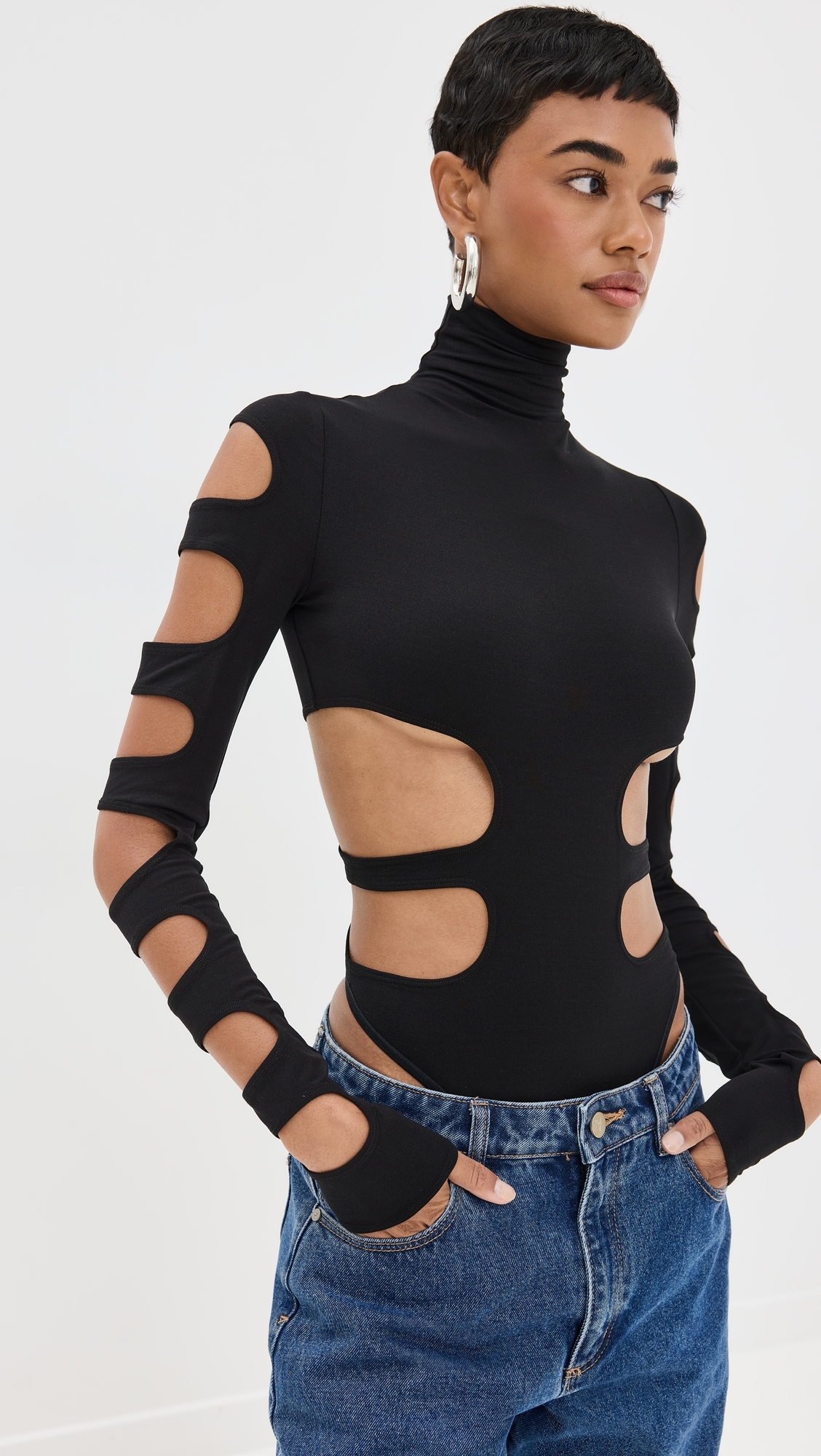 Mock Neck Bodysuit with Cut Out Details Black