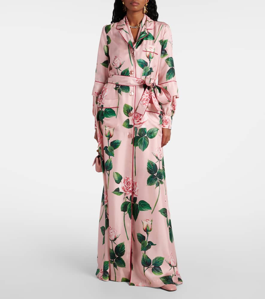 Floral belted silk satin maxi dress