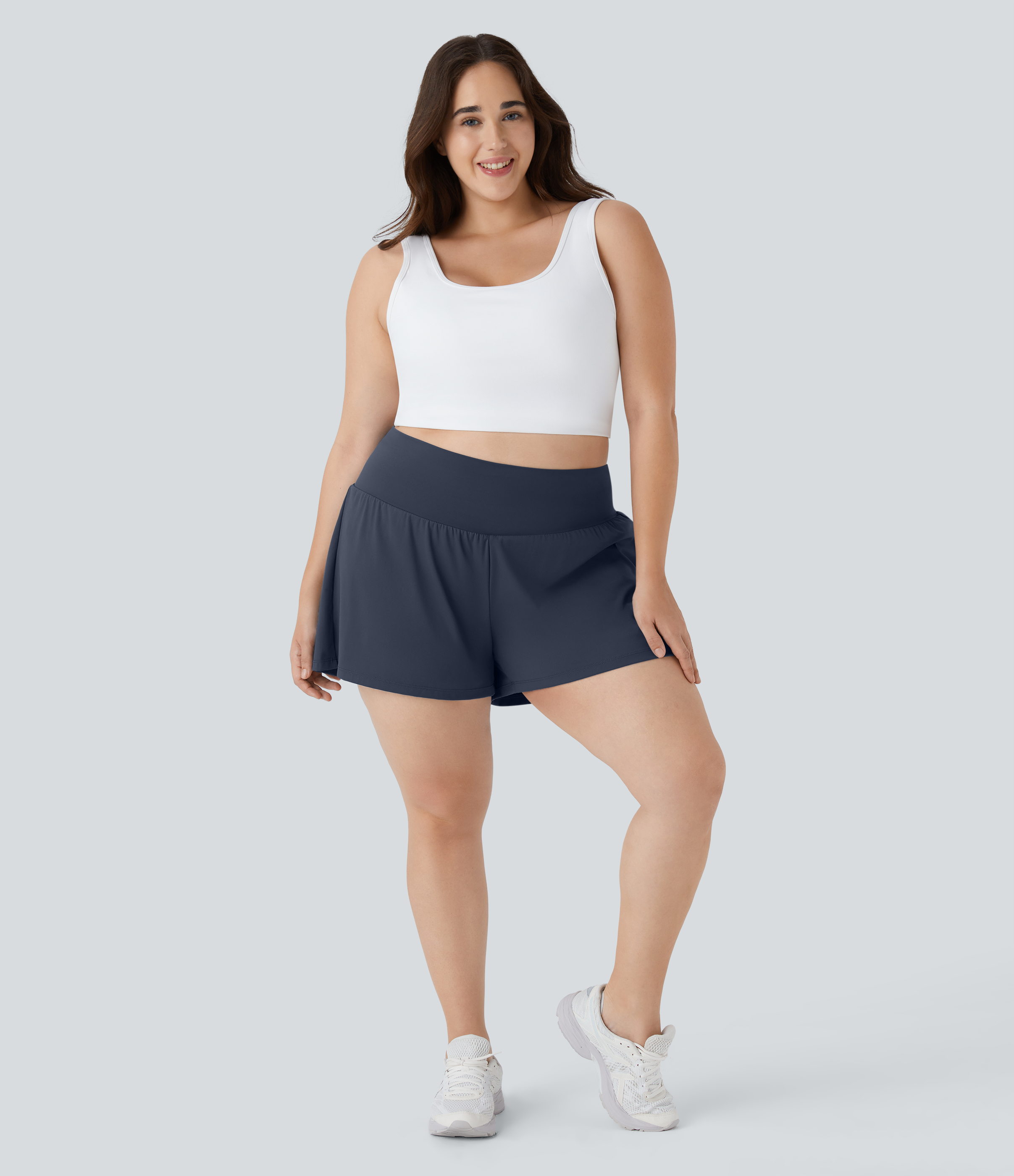 Super High Waisted Pocket & Pocket 2-in-1 Yoga Plus Size Shorts 4''-Longer Length Gym Short - Mood Indigo