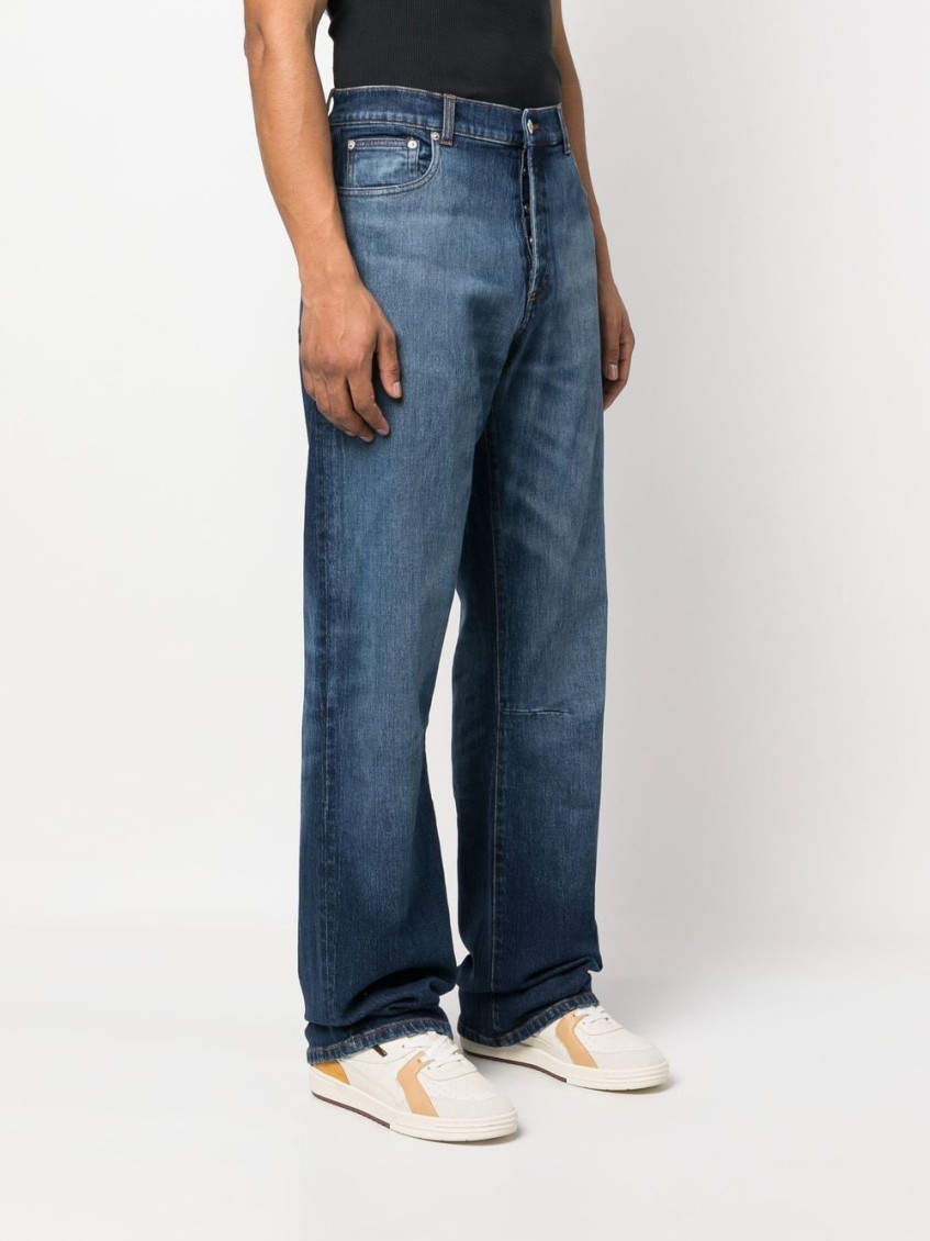 Blue Denim Straight Leg Jeans With Logo Patch In Cotton Man