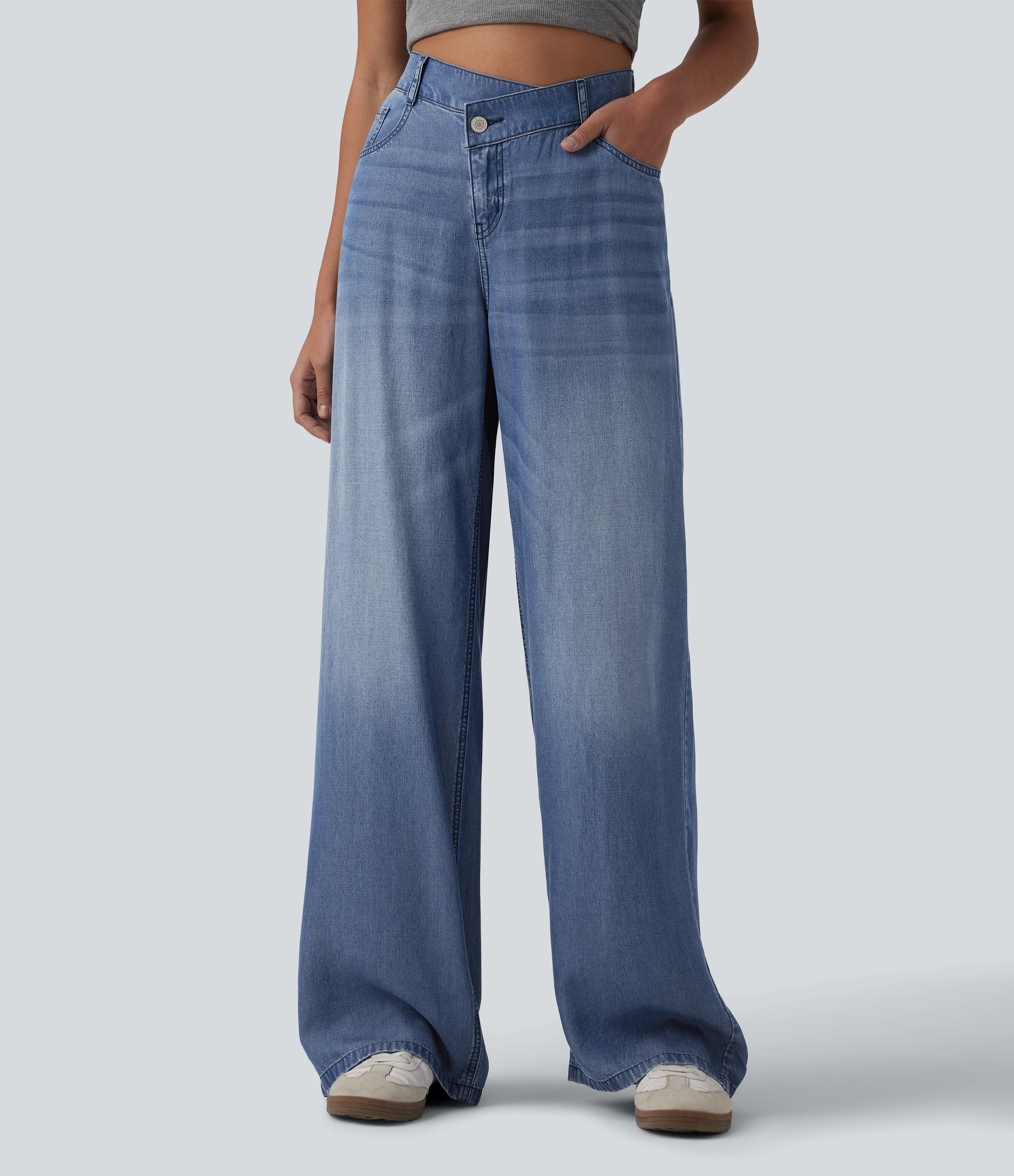 Asymmetric Mid Rise Draped Wide Leg Casual Jeans with Pockets  - Blue Jasper Denim