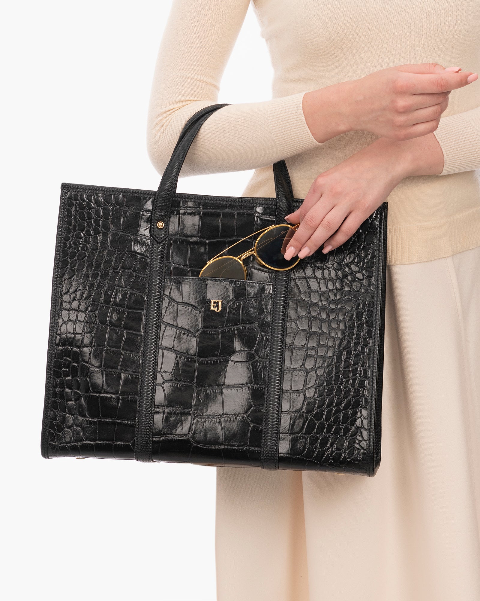 TaTa Tote Bag - Black Embossed Calf Leather, Magnetic Snap Closure, Detachable Shoulder Strap, Canvas Lining, Laptop Compatible