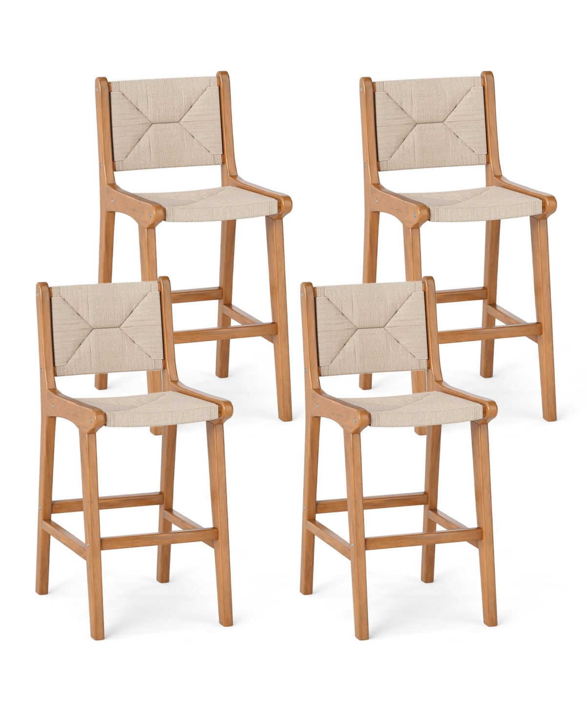 4PCS Outdoor Counter Height Bar Stool w/ Wood Frame Back and Footrest for Balcony - Natural