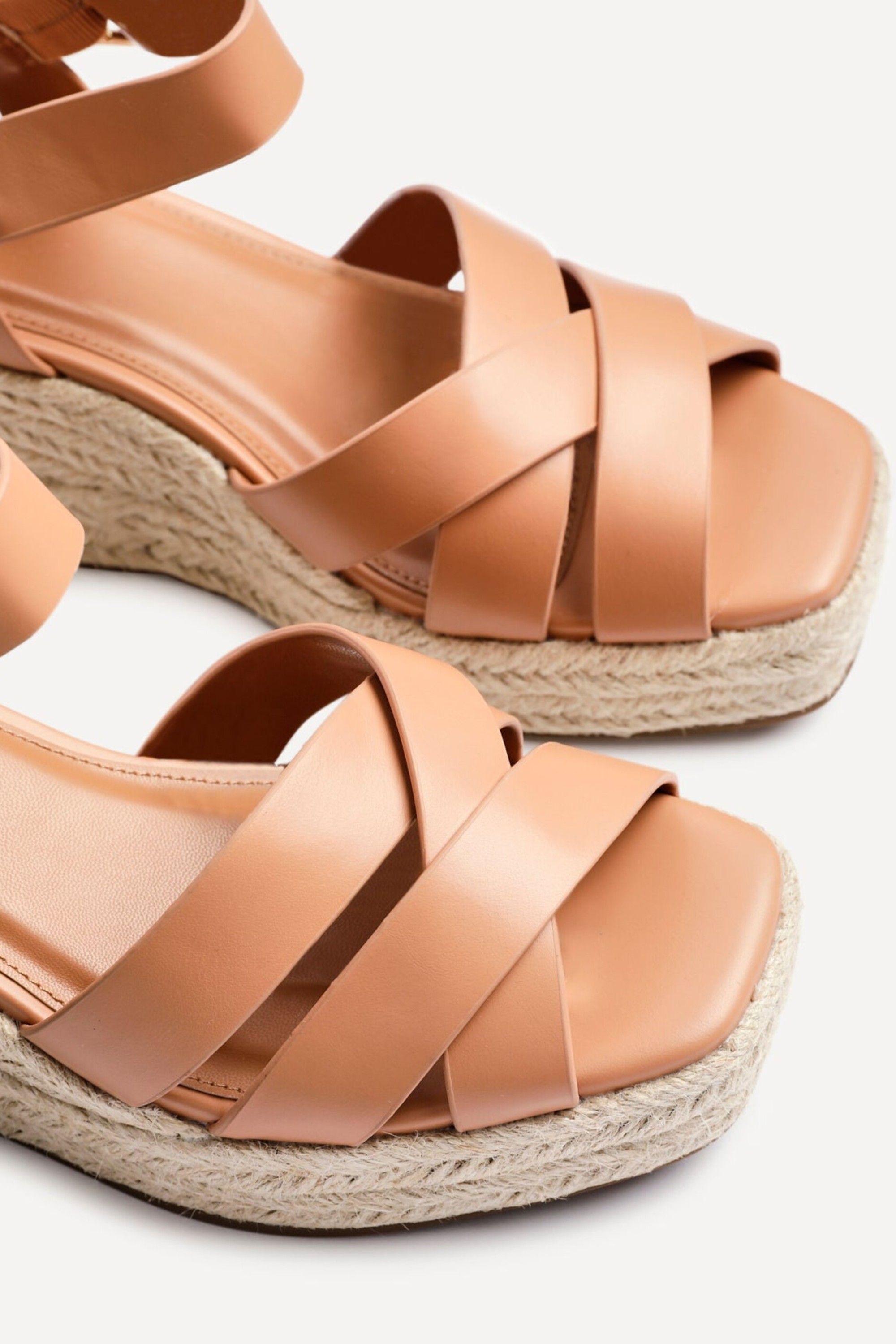 Linzi Women's Sheena Tan Crossover Espadrille Wedges | : 3/Standard Fit