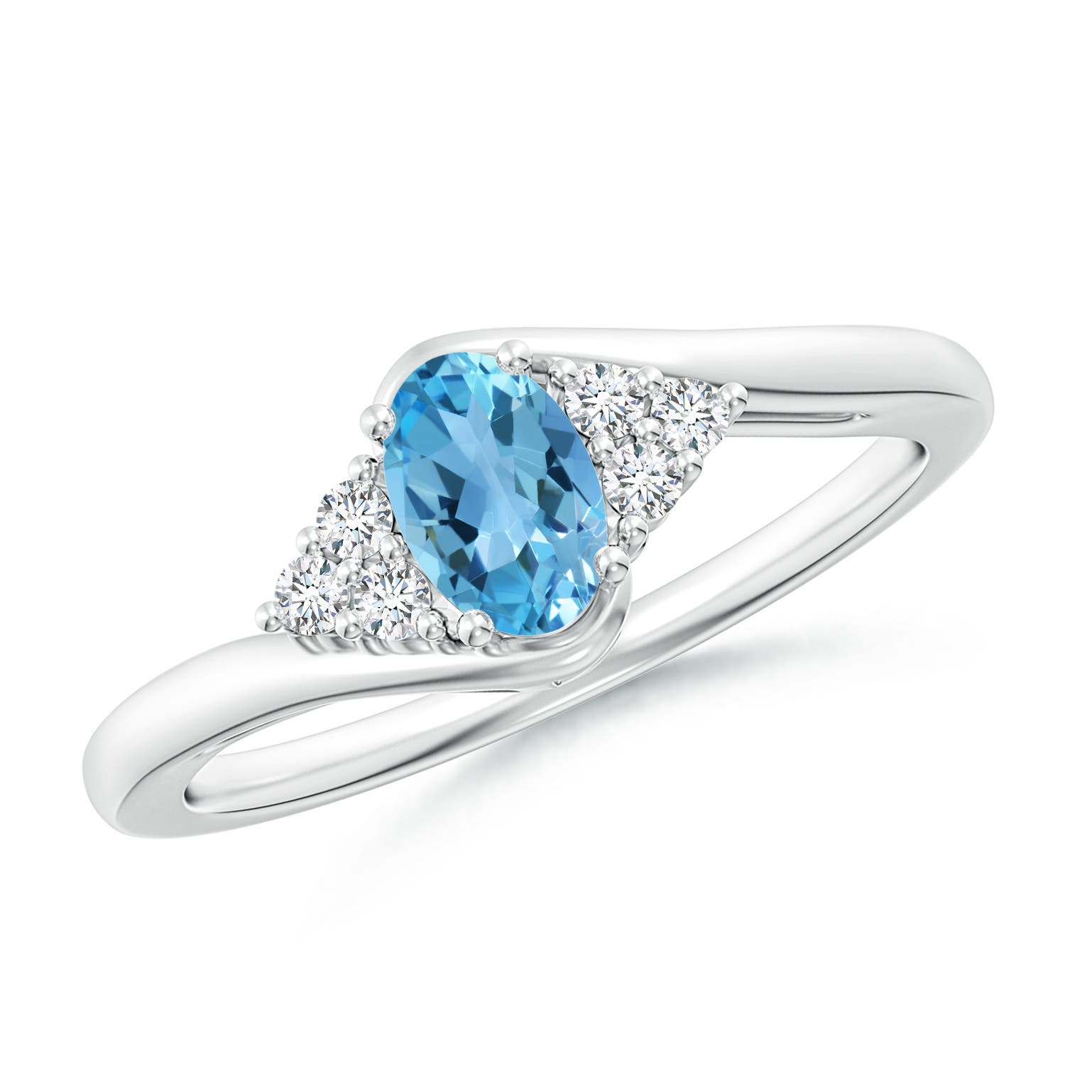 Angara 0.54 Carat Oval Swiss Blue Topaz Bypass Ring with Trio Diamond Accents in Platinum