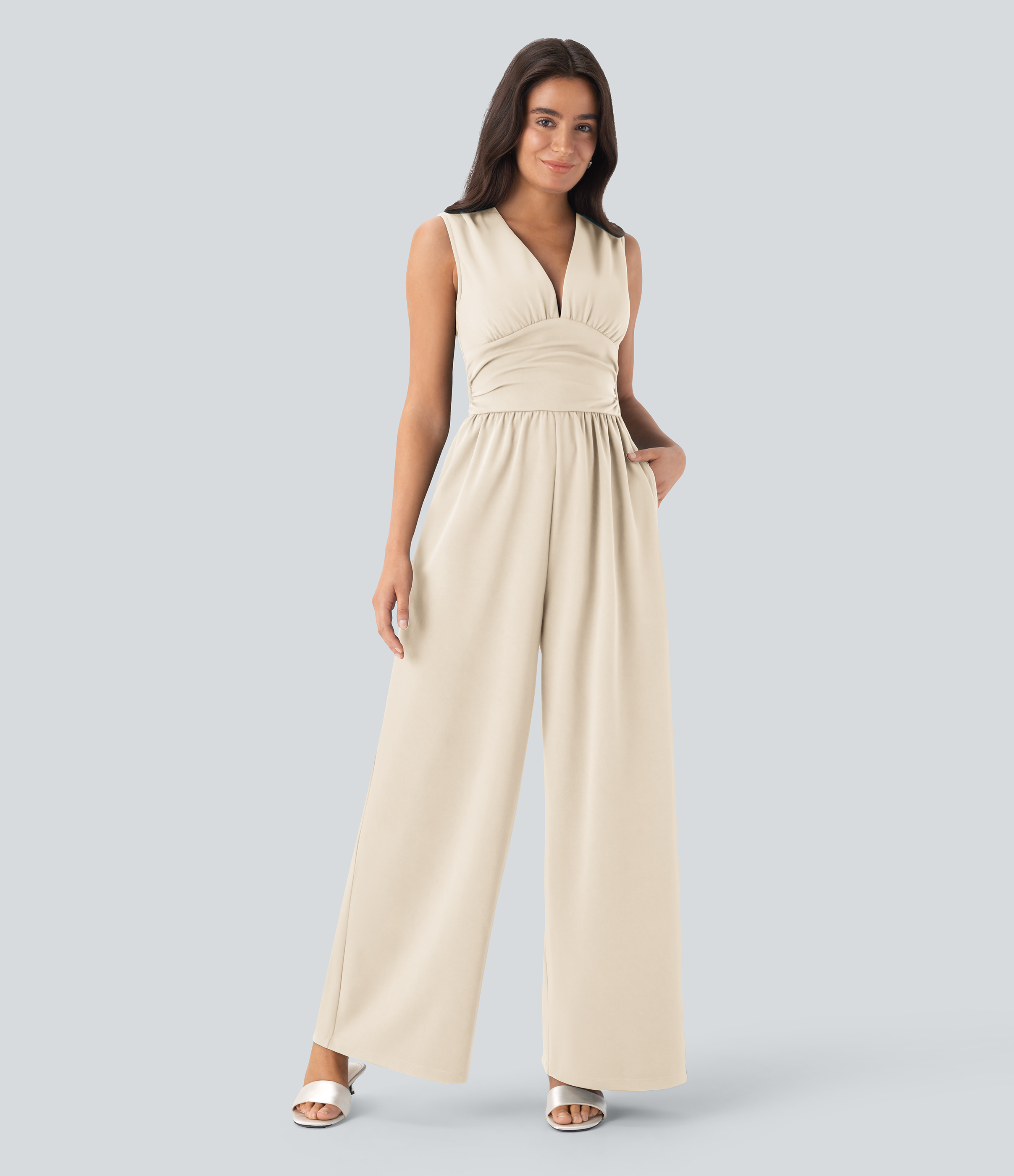 V Neck Sleeveless Ruched Pocket Jumpsuit-Easy Peezy  - Arctic Wolf