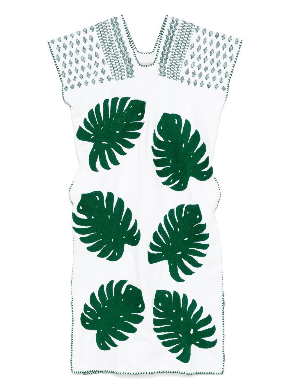 Monstera leaf-embroidery midi dress - White