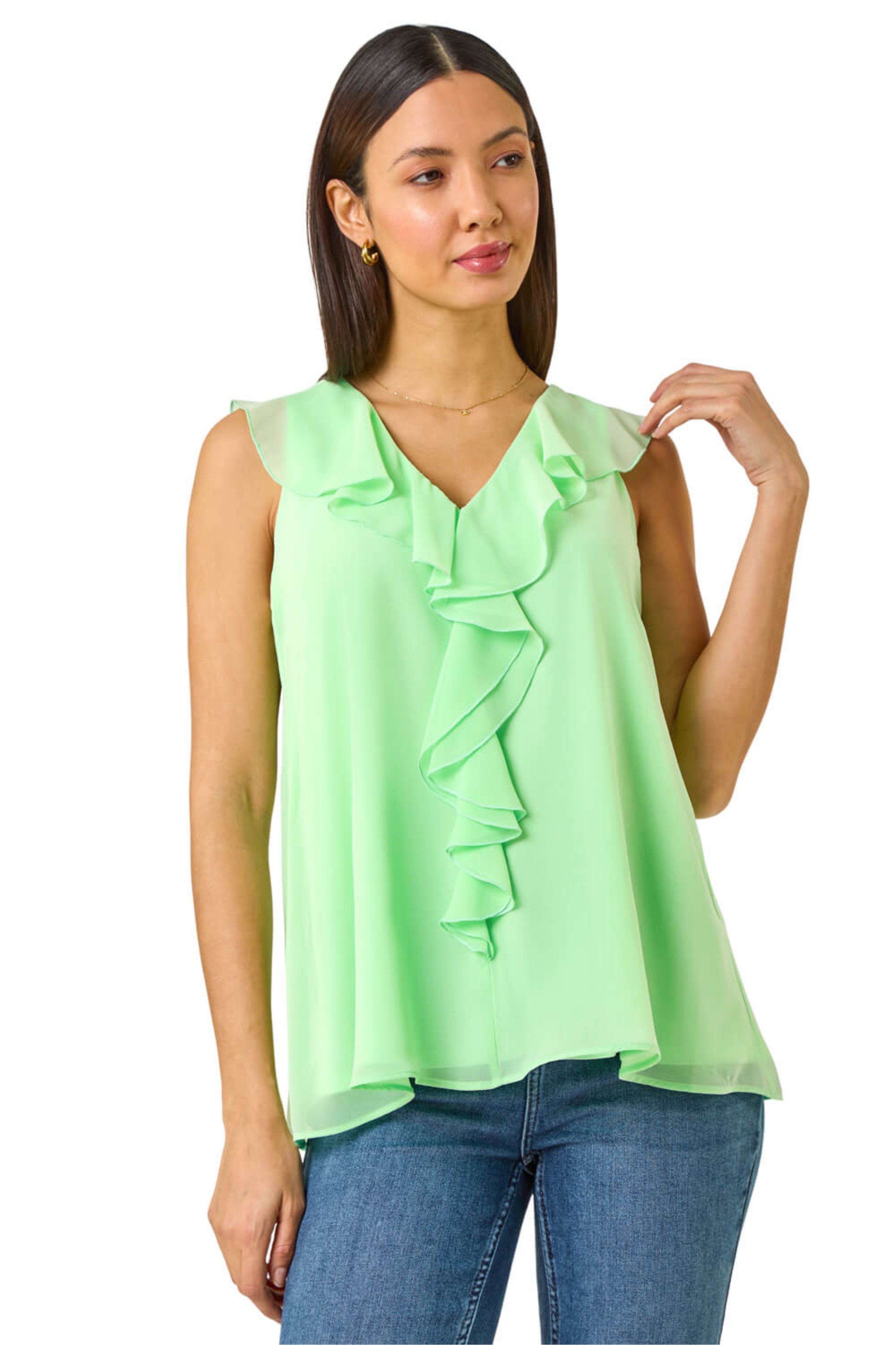 Roman Womens Chiffon Ruffle Vest Top - Mint
