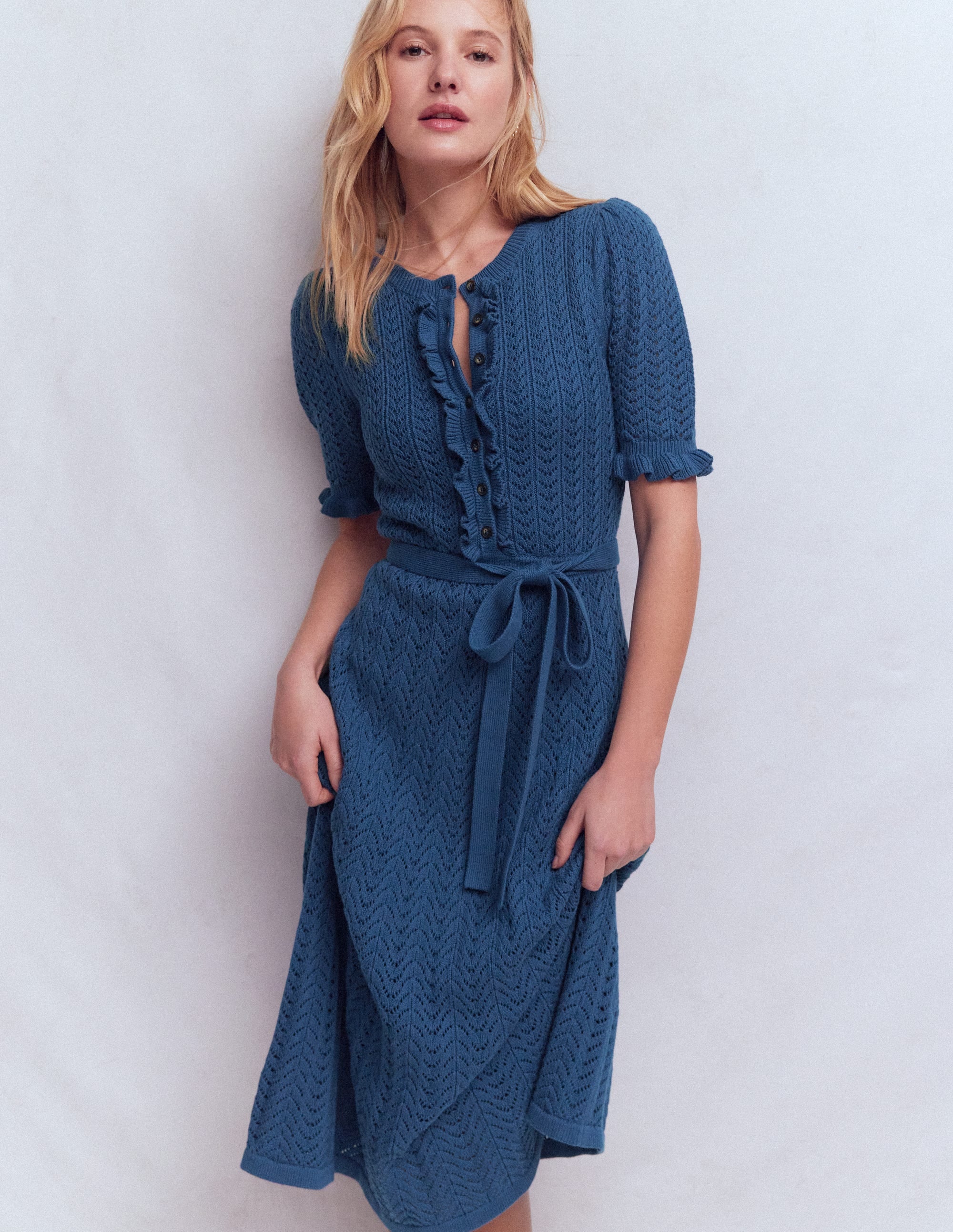 Women's Henley Frill Knitted Dress in Blue | Size 2
