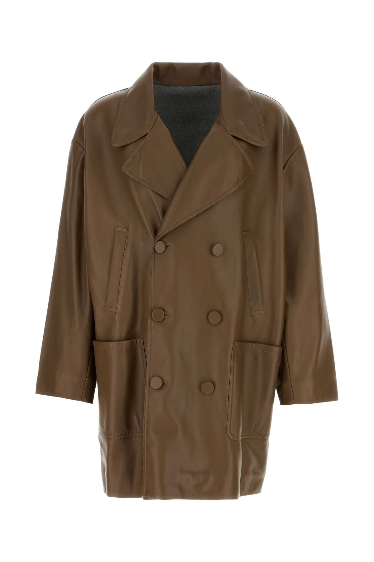 Nappa Leather Double-Breasted Coat — Brown