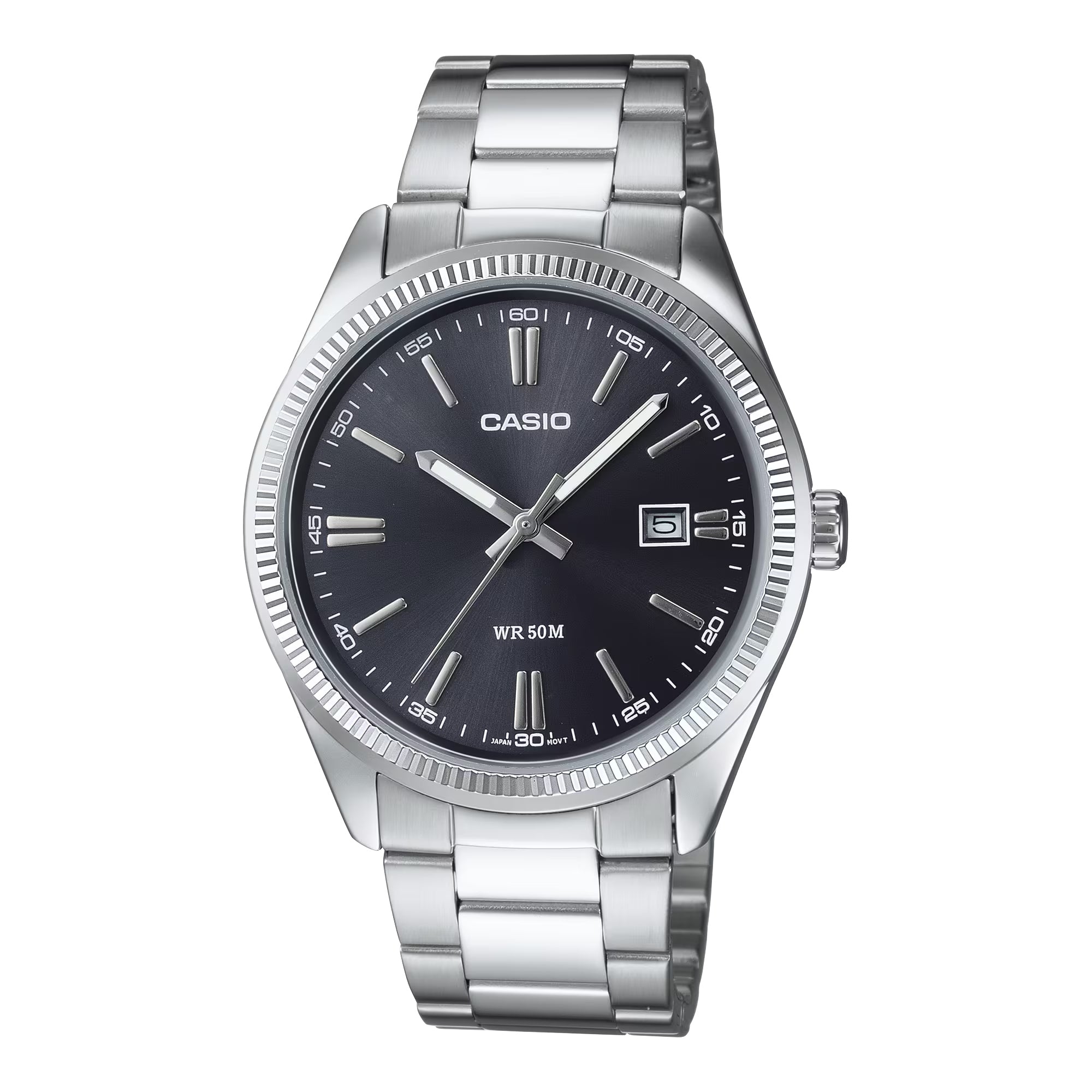 Men's Silver Analog Watch Black Dial Stainless Steel Bracelet - MTP-1302D-1A1V