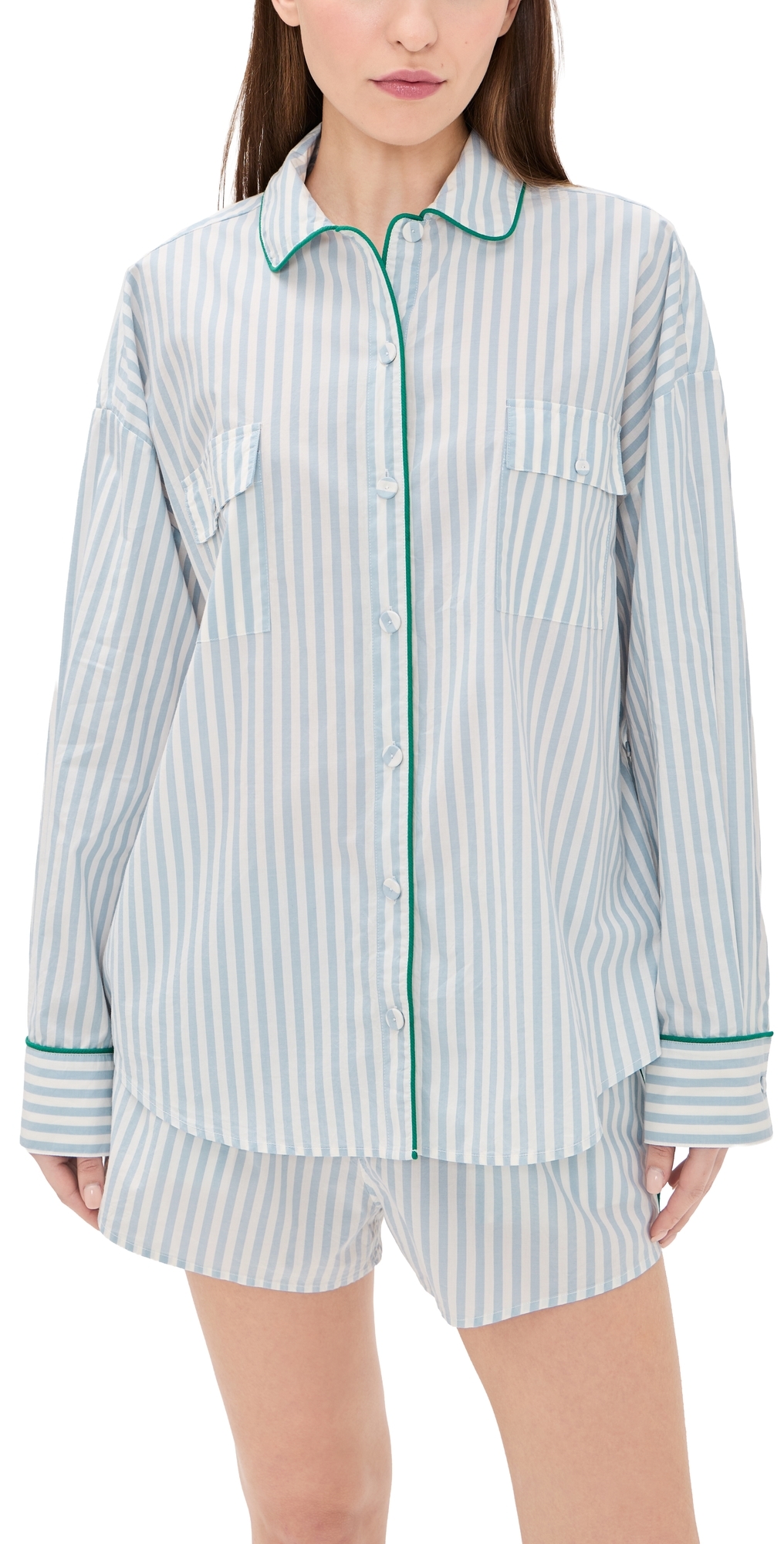 Airy Cotton Piped Button Down Pajama Top Stillwater Stripe/Spring
