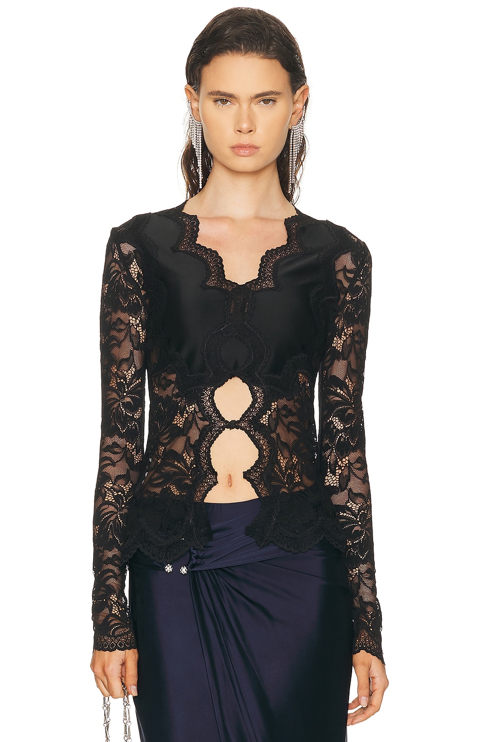 RABANNE Long Sleeve Lace Top in Black