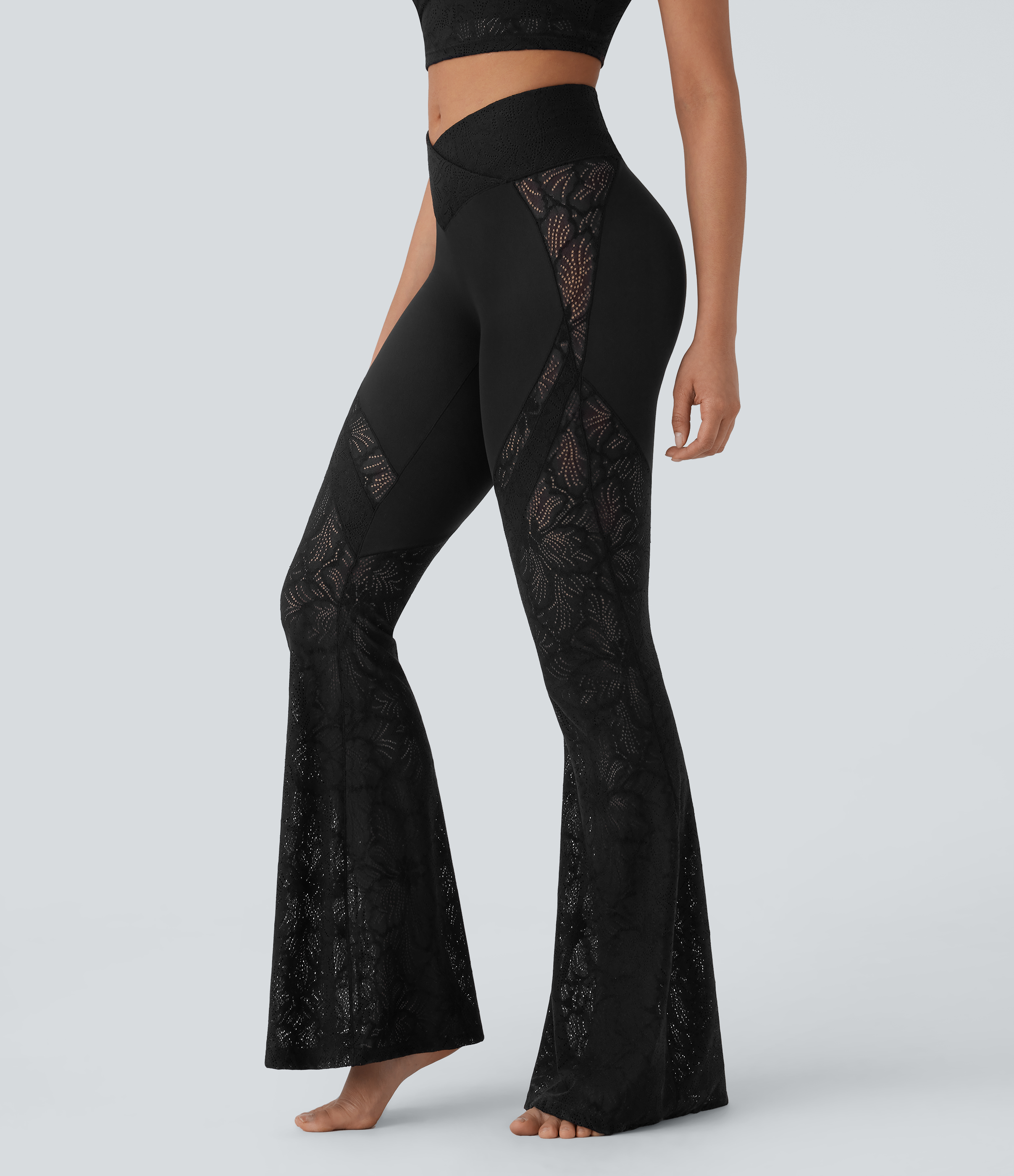 SoftlyZero™ High Waisted Crossover Pocket Contrast Lace Flare Yoga Leggings  - Black