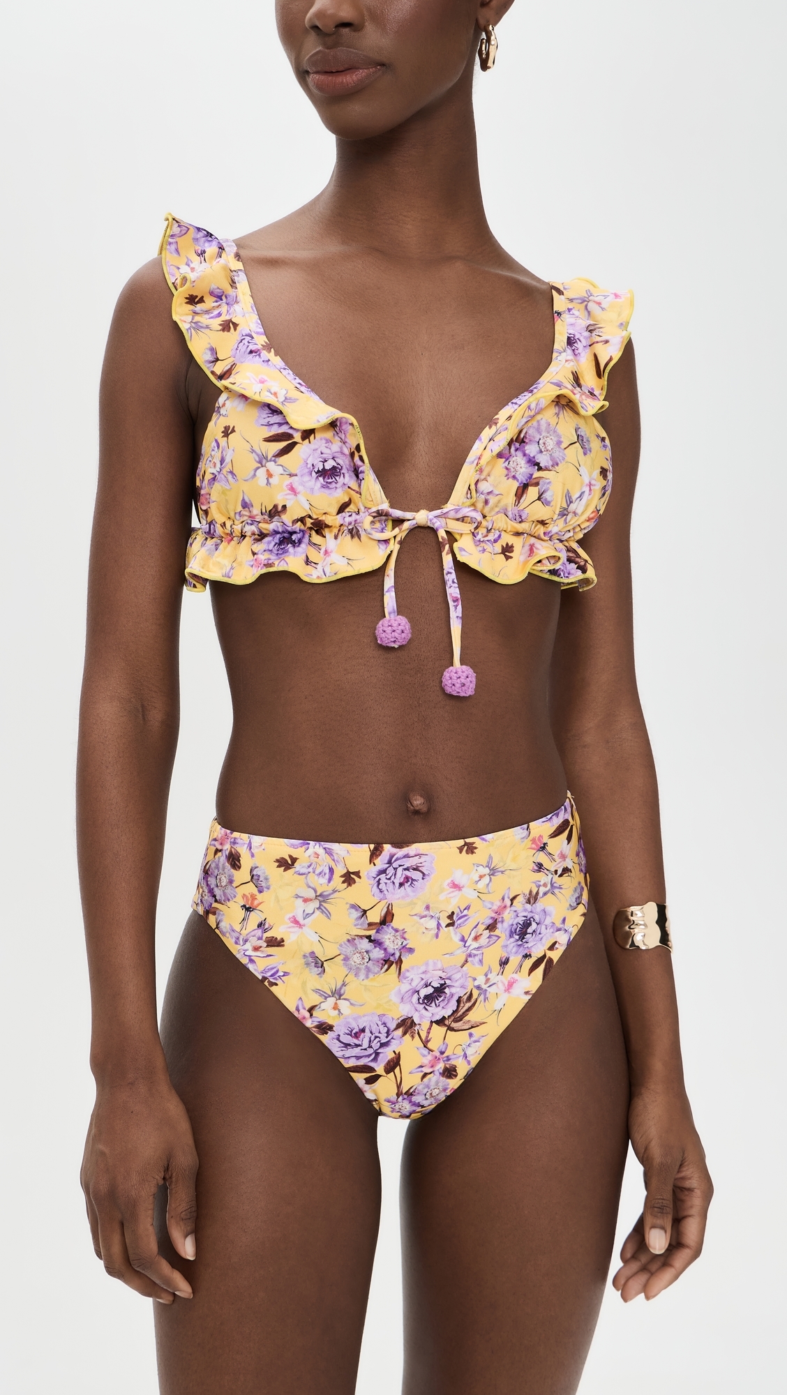 Peony Print Lycra High Waist Bikini Bottoms Yellow