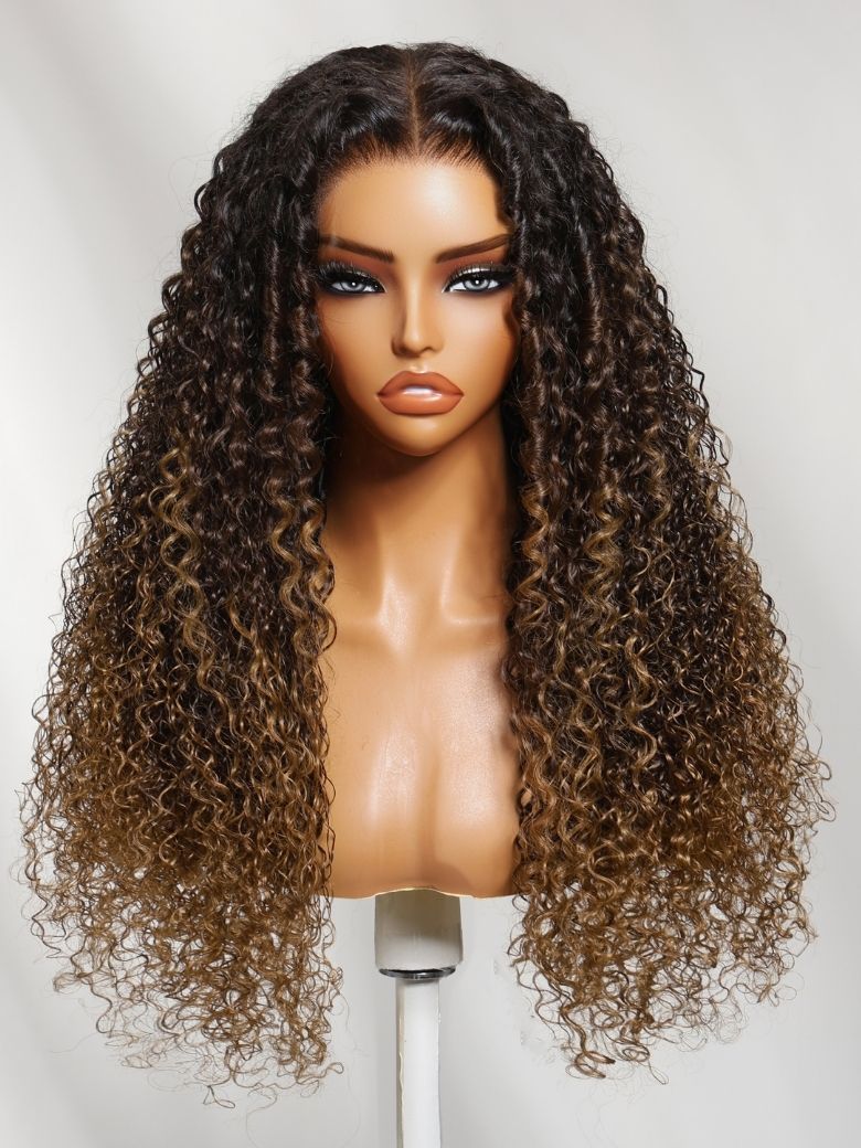 UNice 7x5 Bye Bye Slip™ Glueless Lace Dark Brown to Caramel Ombre with Dark Roots Jerry Curly Wig with Spiral Cur