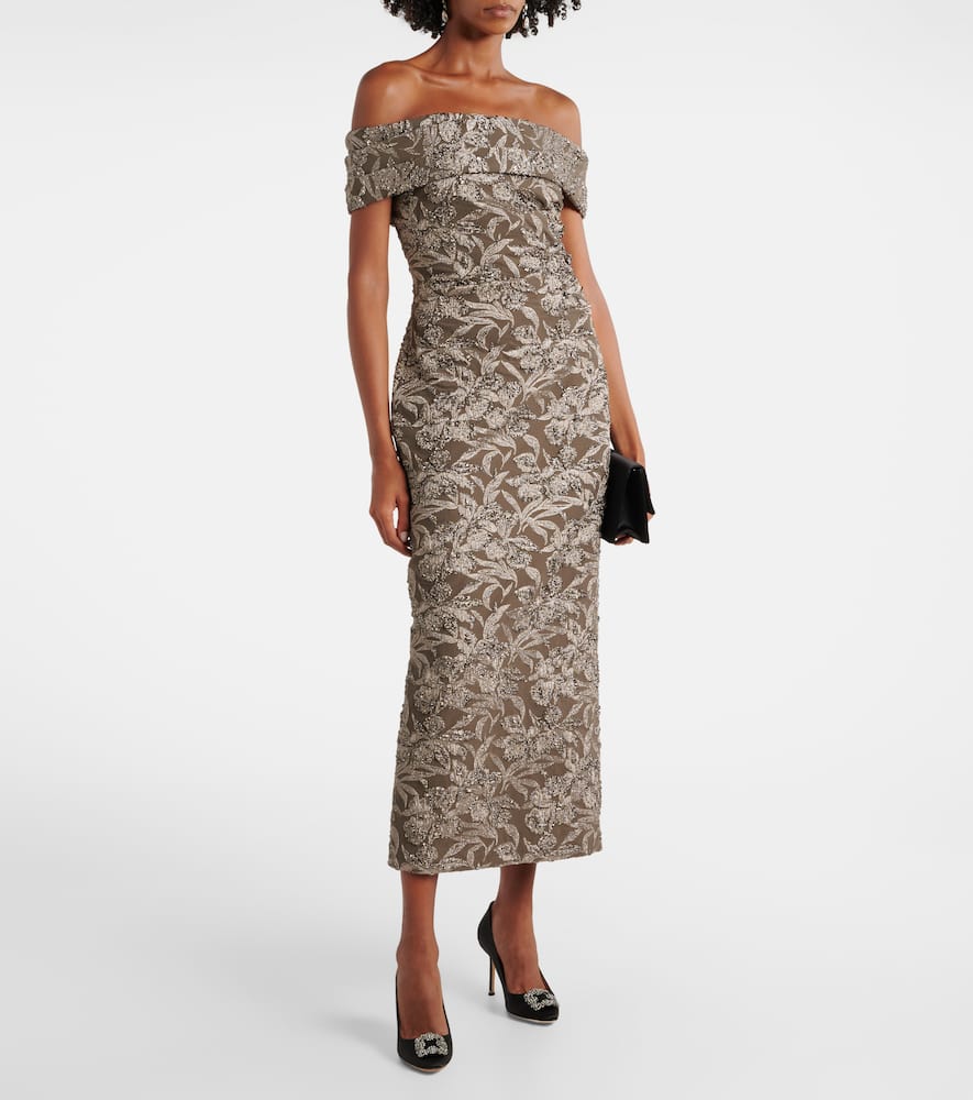 Floral metallic jacquard midi dress