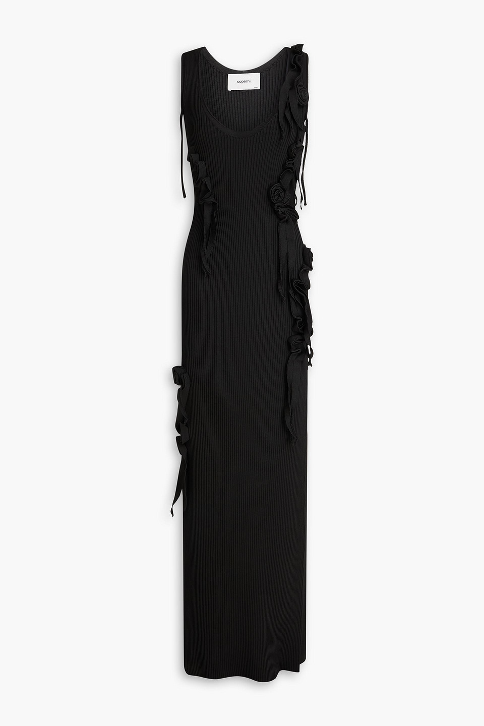 Floral-appliquéd ribbed-knit maxi dress - Black - L