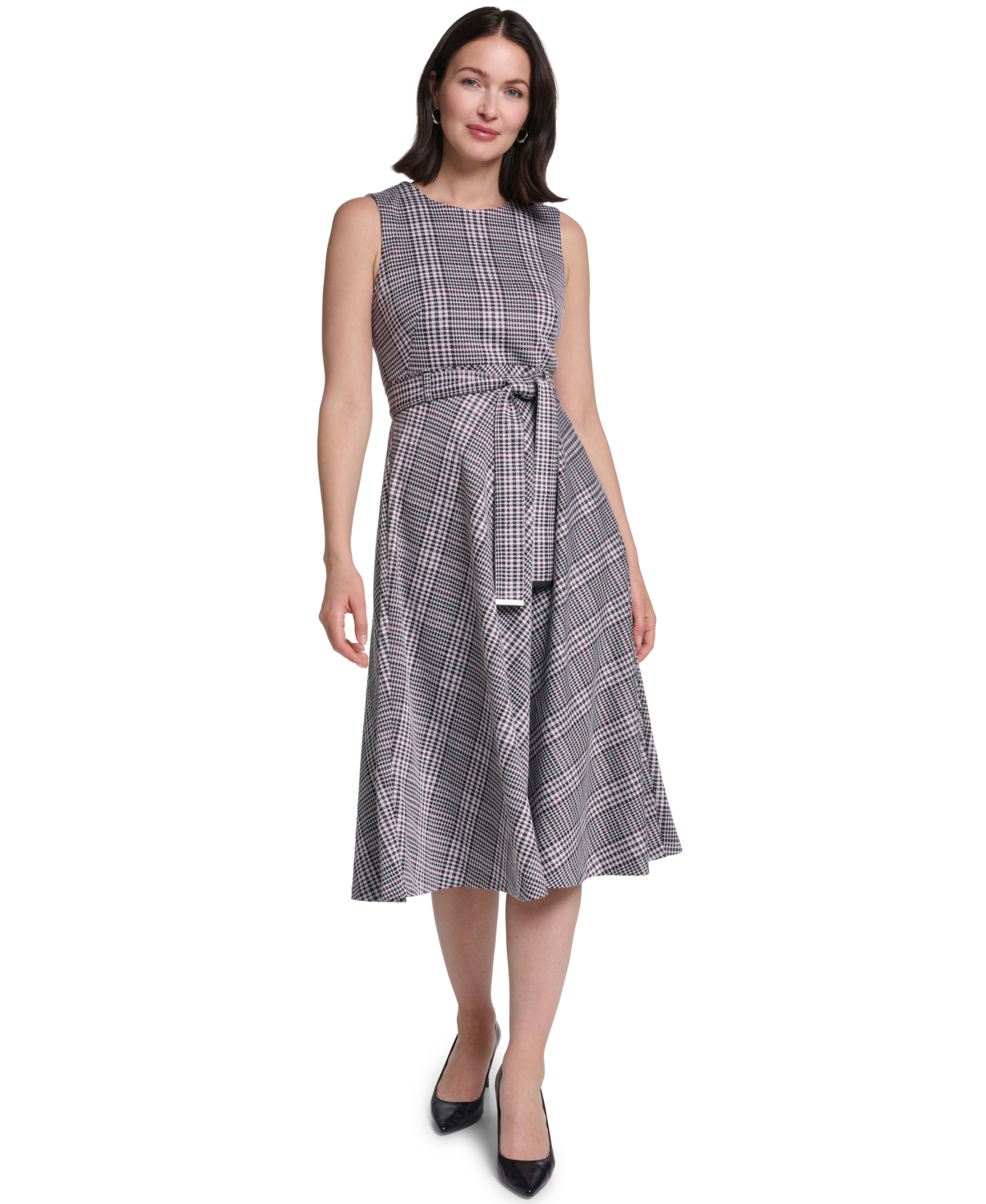 Women's Sleeveless Belted Ponte A-Line Midi Dress - Black/Cream/Syrah/Granite