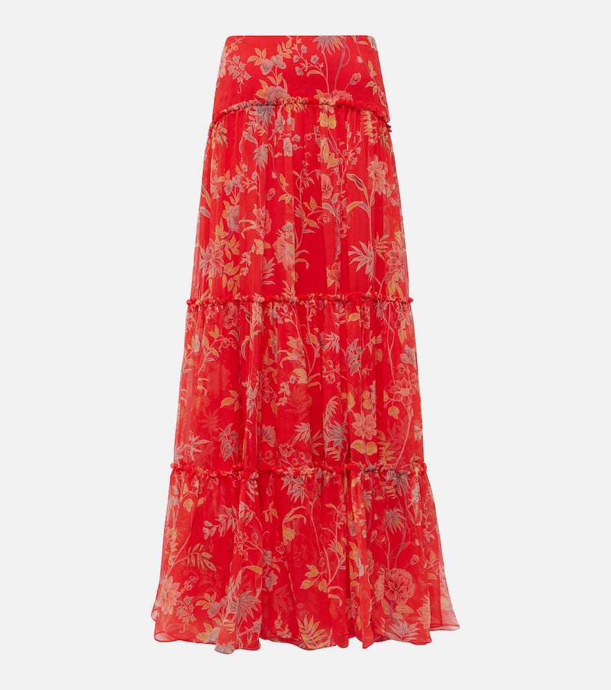 Floral tiered silk maxi skirt