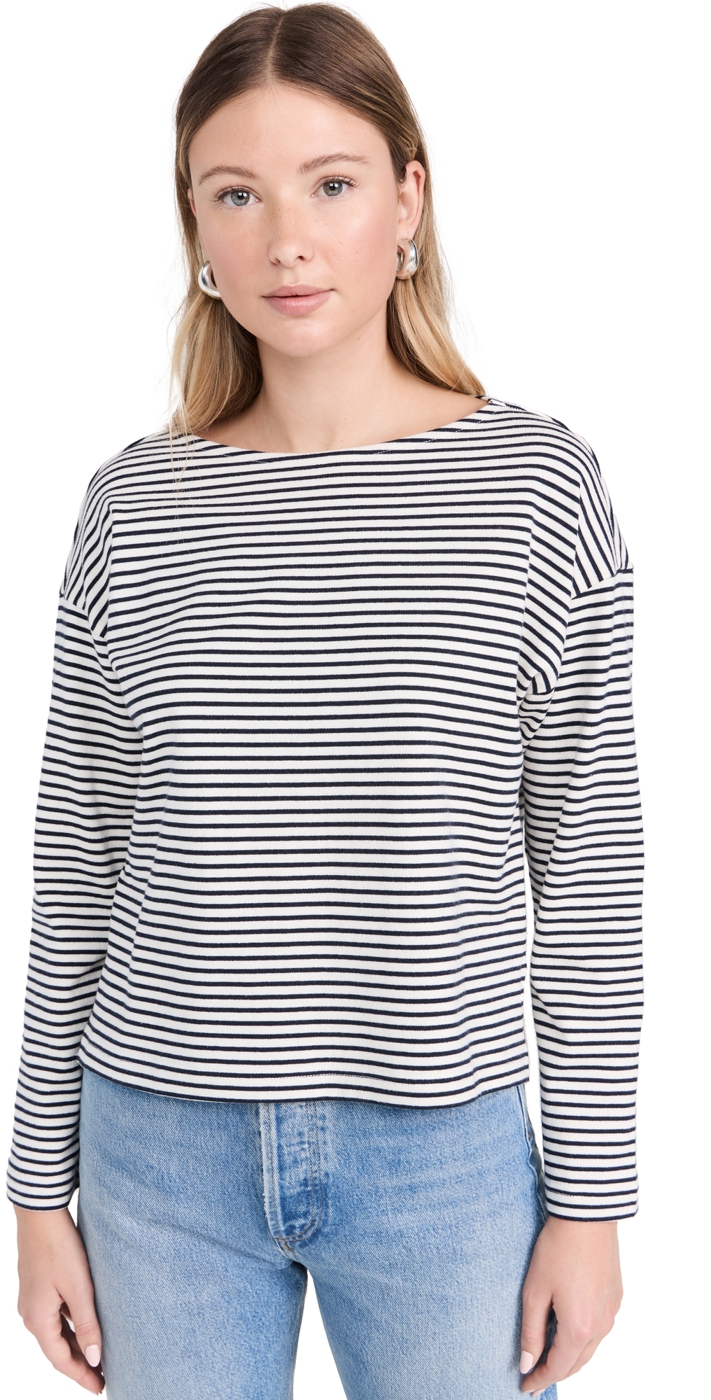 Macy Long Sleeve Tee Ivory Navy Micro Stripe