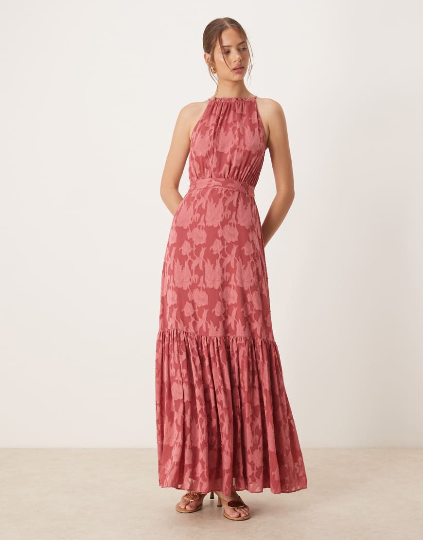 Frill halter neck maxi dress in garnet rose-Pink