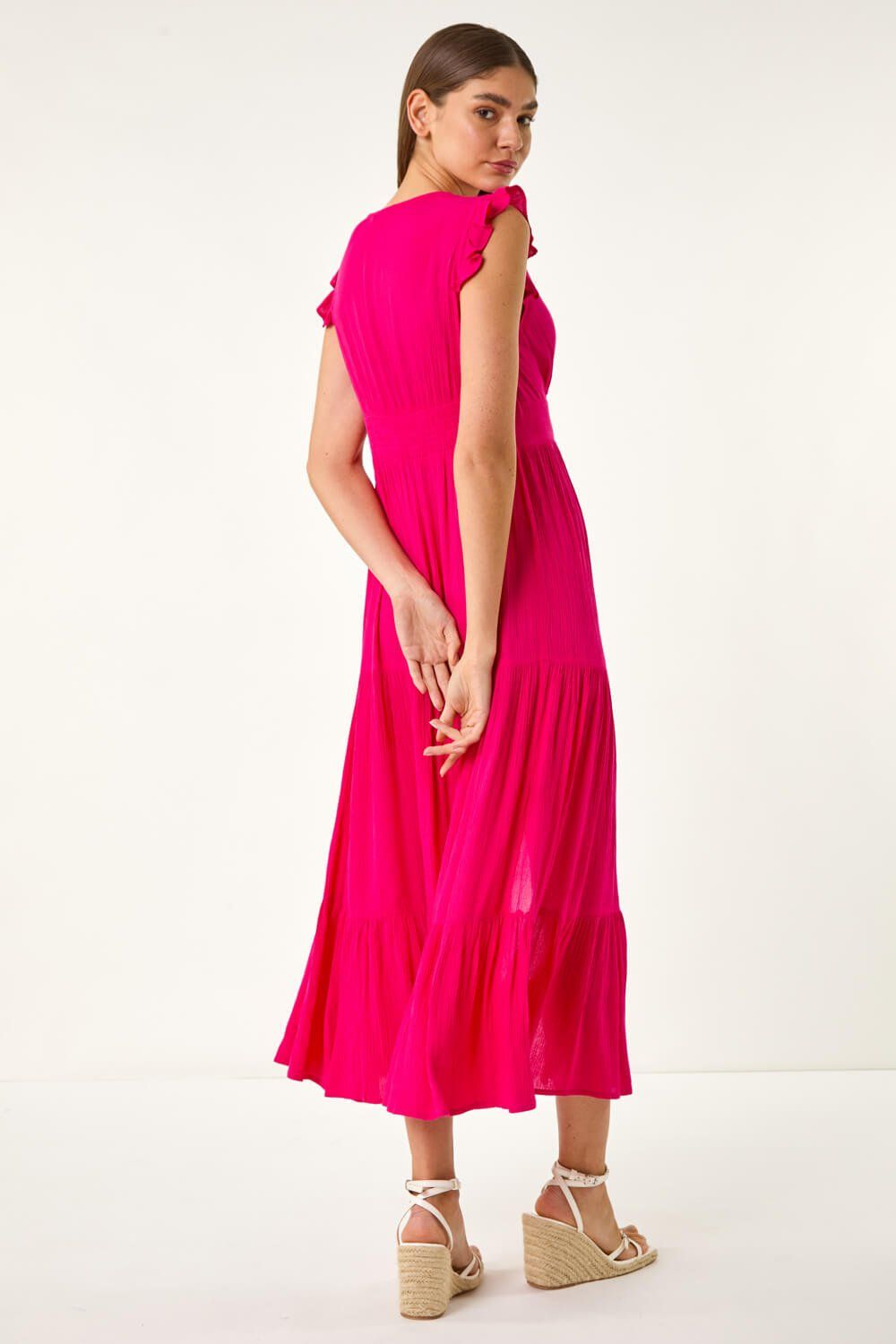 Roman Women's Crinkle Tiered Frill Maxi Dress in Fuchsia