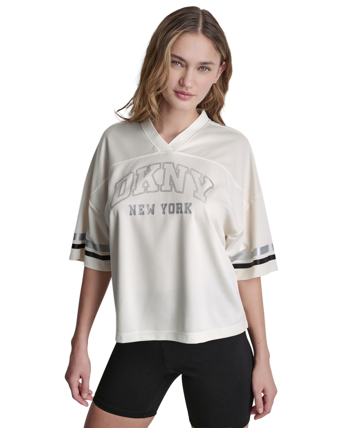 Women's Varsity Rhinestone V-Neck Sports Jersey - Eggnog/blak