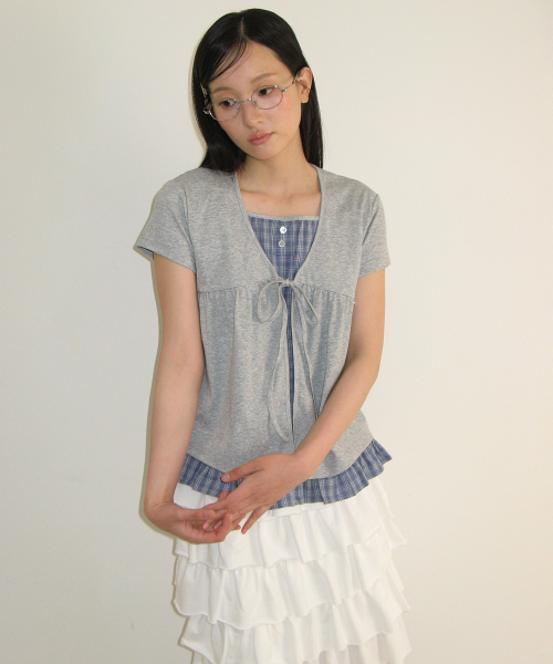 CARDIGAN LAYERED SOFT CHECK T SHIRT GREY