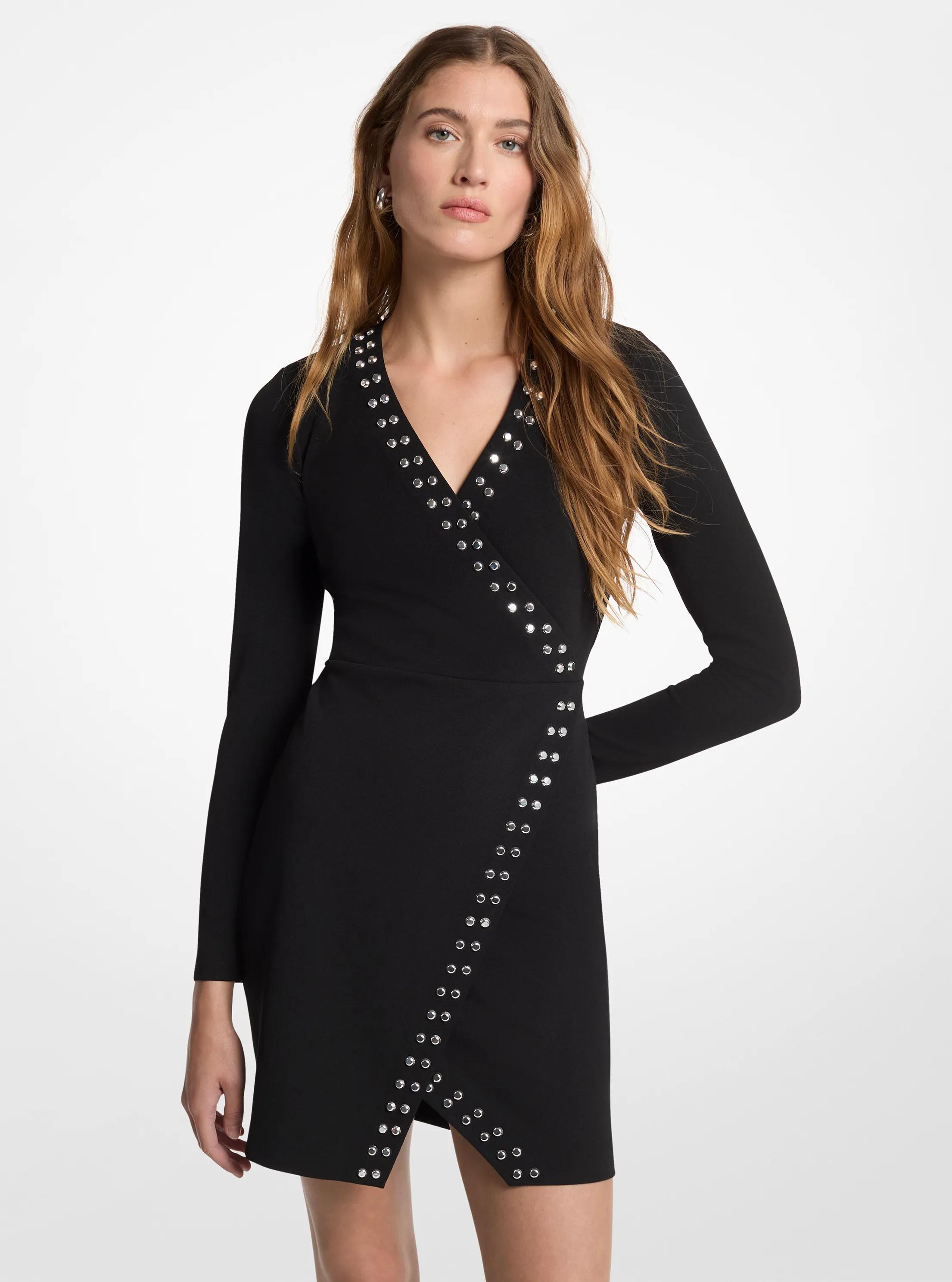 Studded Long-Sleeve Wrap Dress in Black - size XS