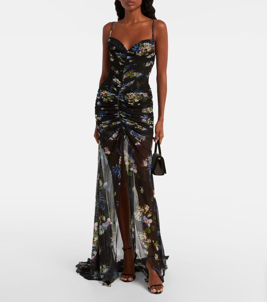 Floral ruched sheer gown
