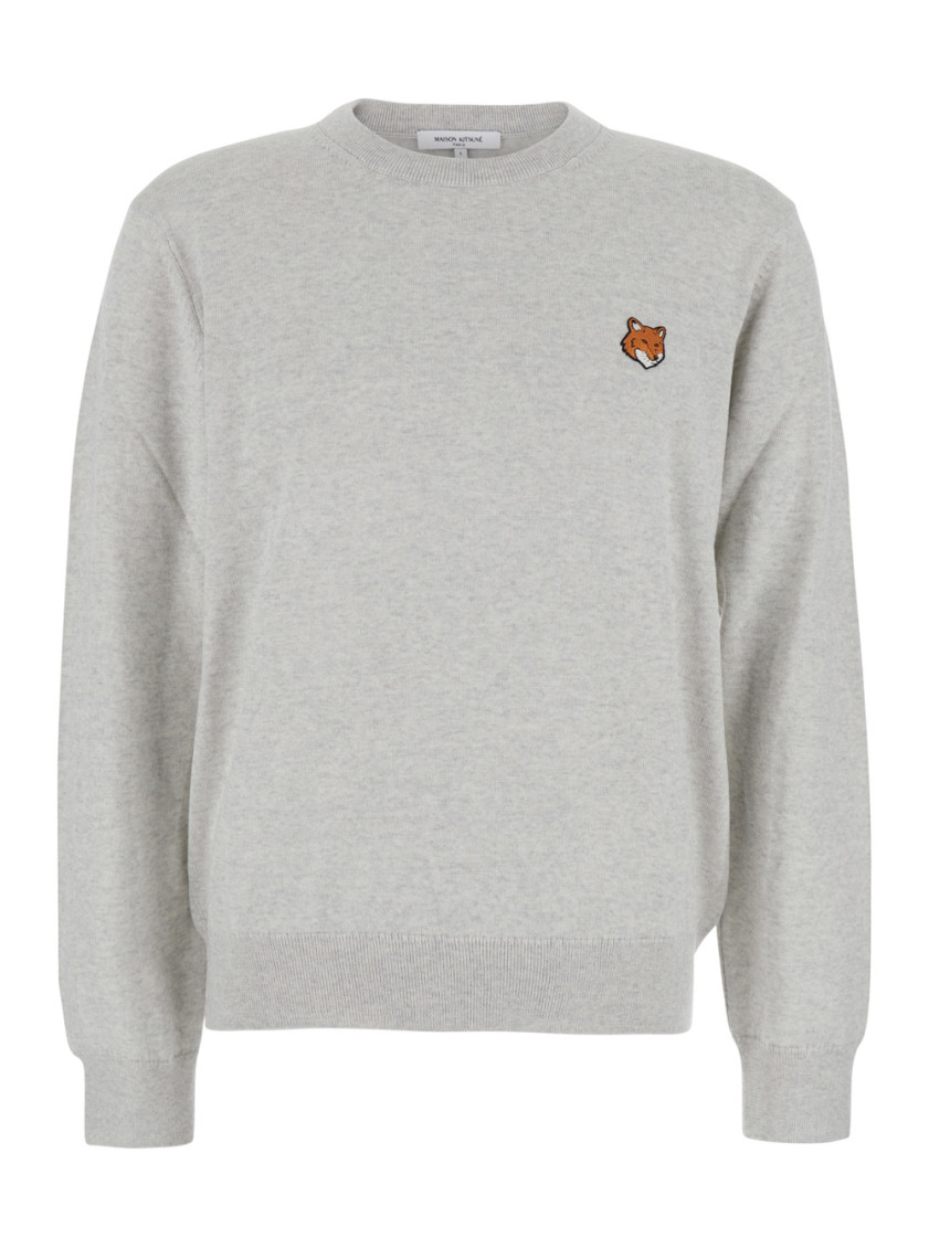 Grey Crew Neck Sweater With Fox Patch On The Front In Wool Man