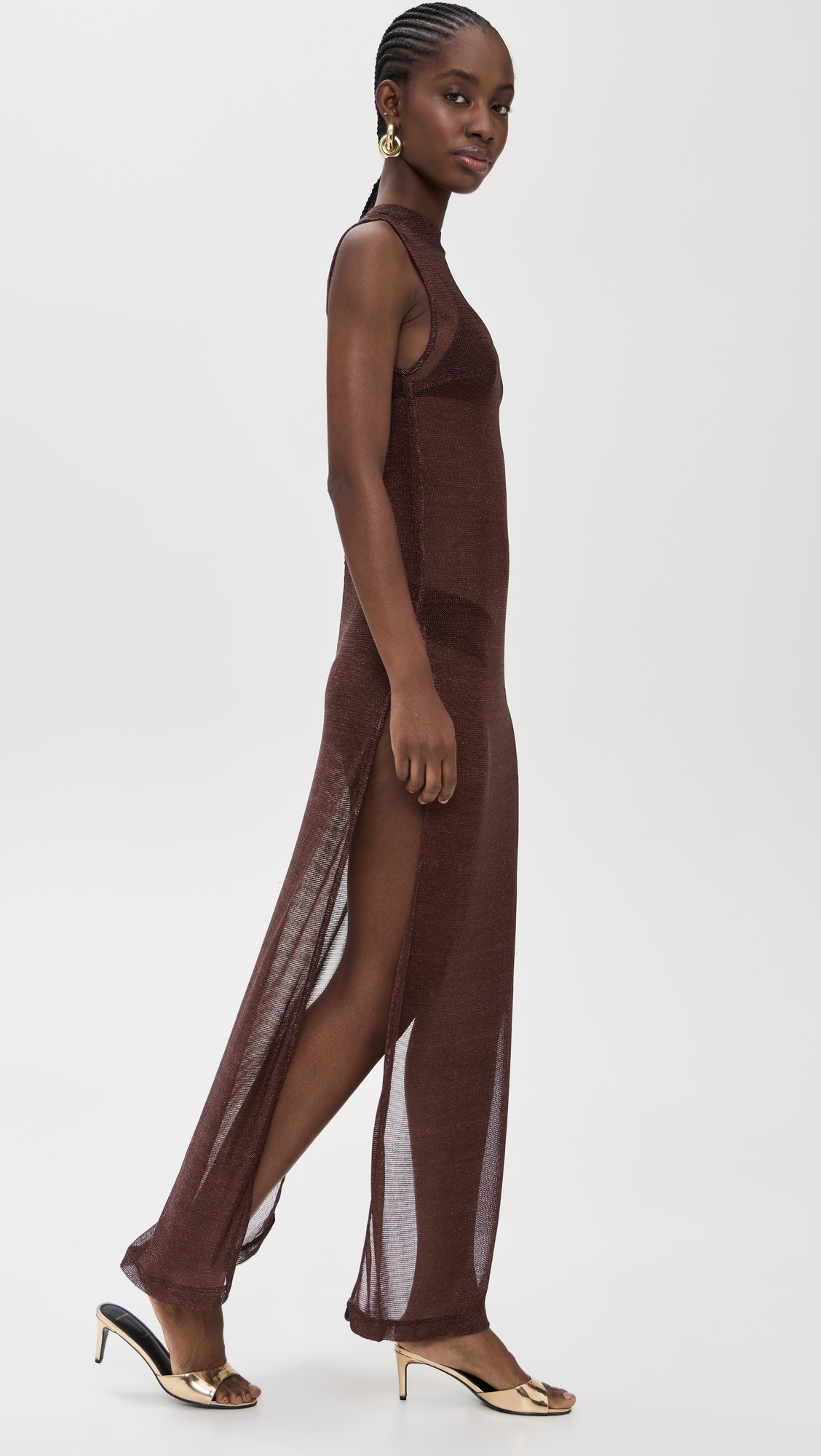 Mesh Sleeveless Dress Metallic Brown