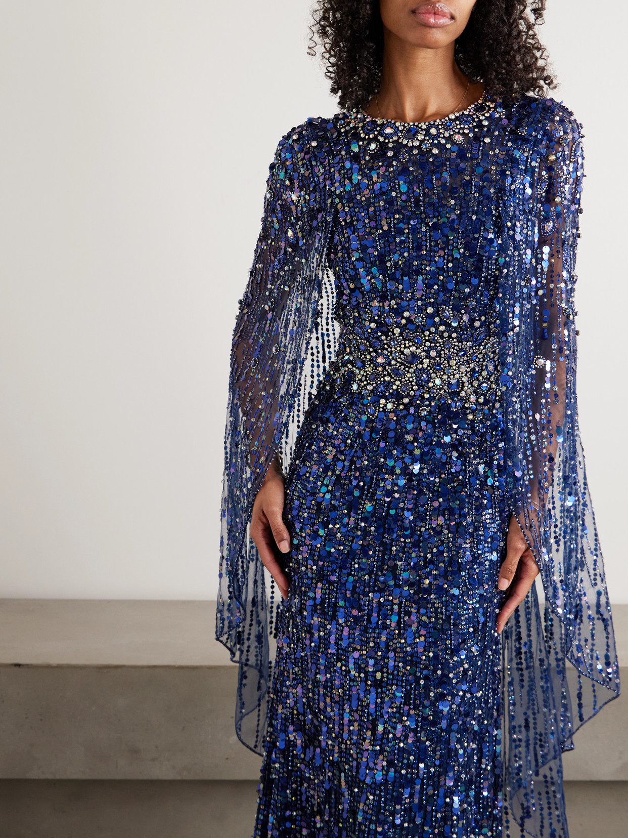 Honey Dew Cape-effect Embellished Tulle Gown - Blue
