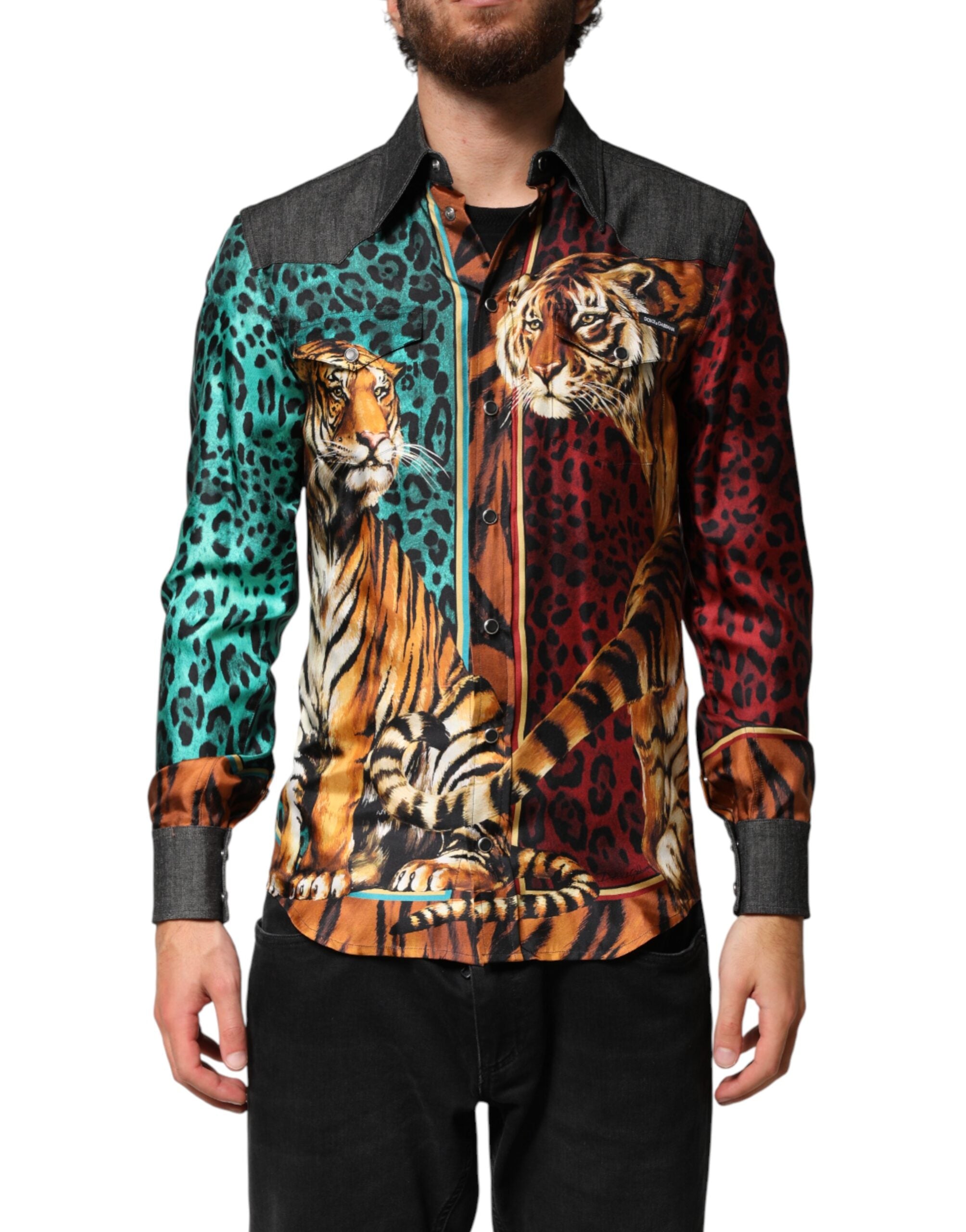 Tiger & Leopard Print Silk Shirt — Multicolor